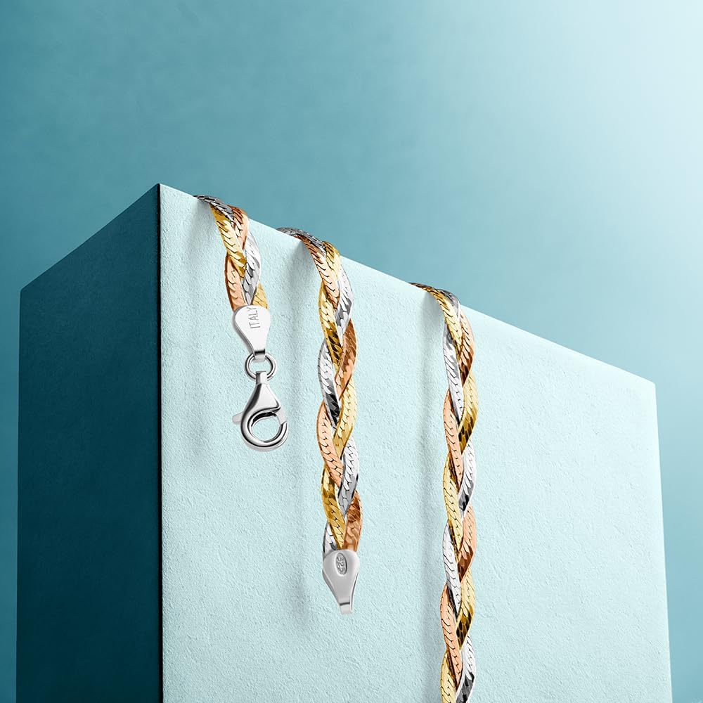 Detalle de MIORE Bracelet Femme Tri-Color Maille Serpent Argent 925 plaqué Or 18K – Bijoirs Hypoallergéniques faits main
