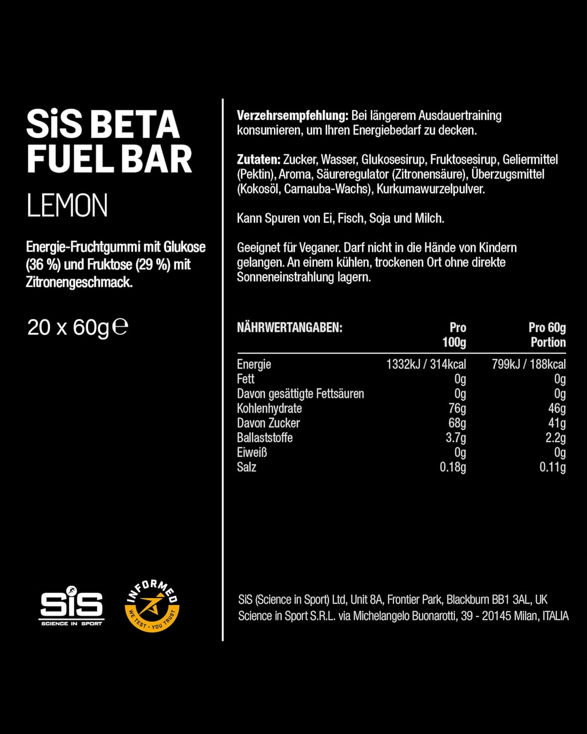 Thumbnail 1 de Science in Sport BETA Fuel Riegel Zitronen – Veganer Energieriegel, 20 x 60 g