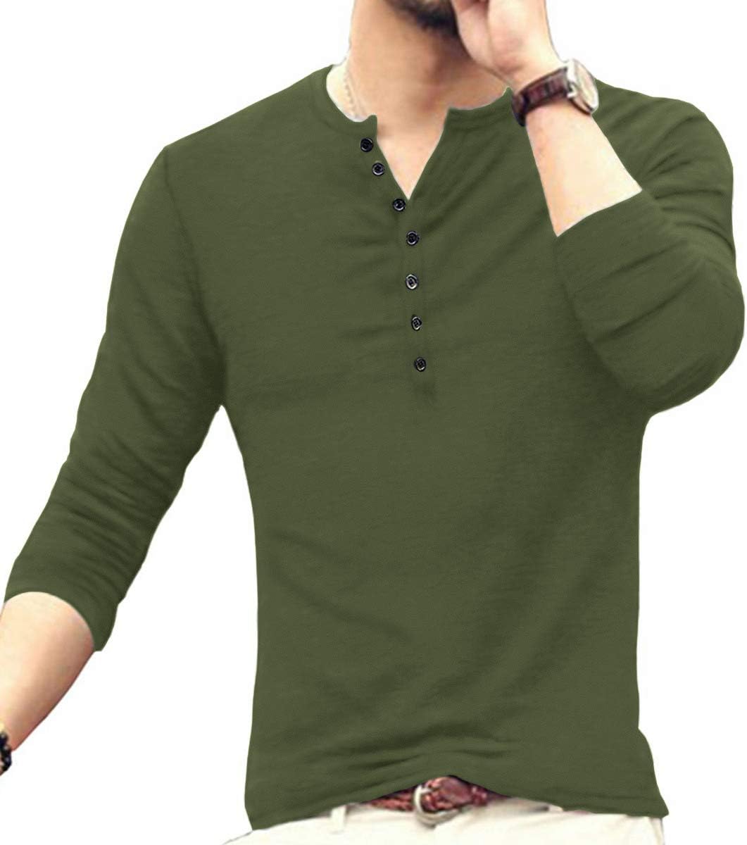 Detalle de KUYIGO Mens Cotton Slim Fit Henley Shirt with 7-Button Long Sleeve