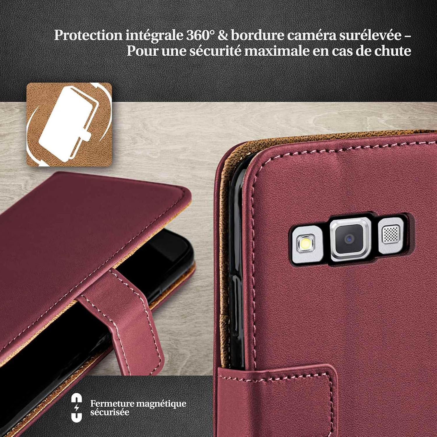 Thumbnail 2 de moex Étui à rabat pour Samsung Galaxy A5 (2015) – cuir végétalien Marron-Rouge, 360°