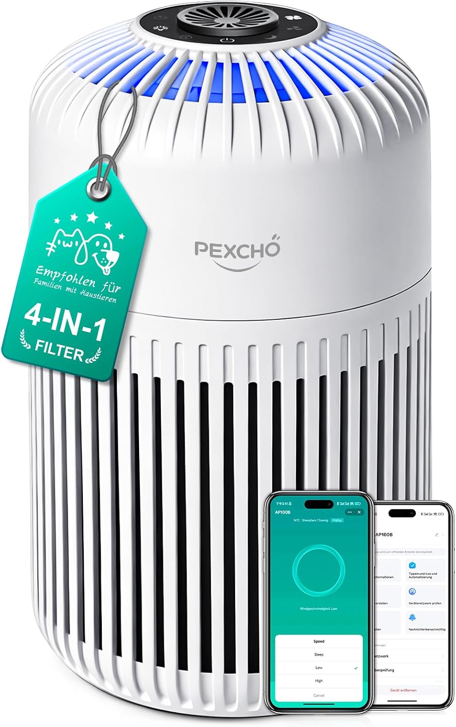 Detalle de PEXCHO Luftreiniger allergiker – 4-in-1 HEPA Filter mit App-Steuerung, Aromatherapie und 28 dB Schlafmodus
