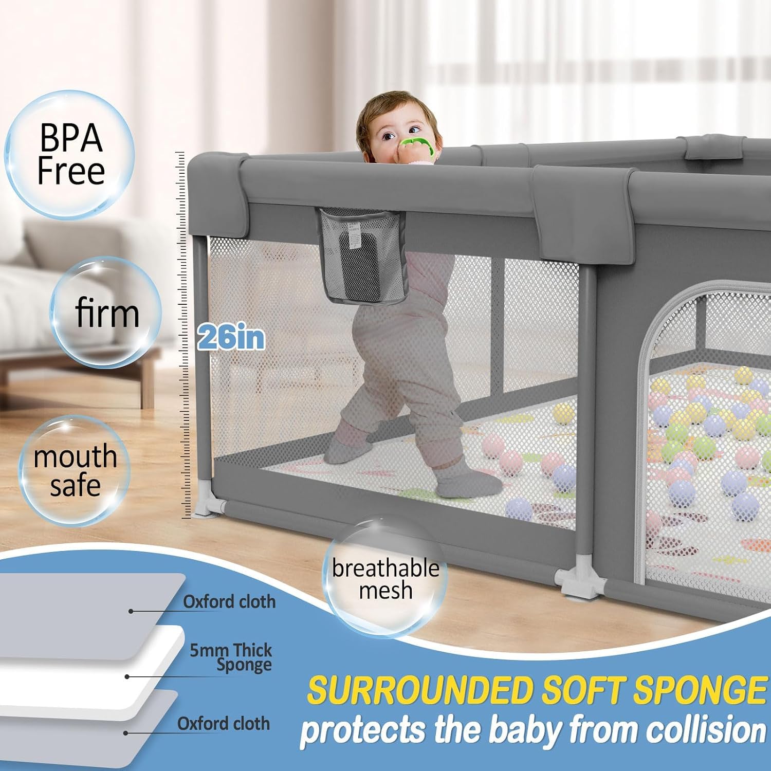 Thumbnail 3 de Palopalo 51 x 51 in Baby Playpen with Mat, Breathable Mesh and Padded Rails
