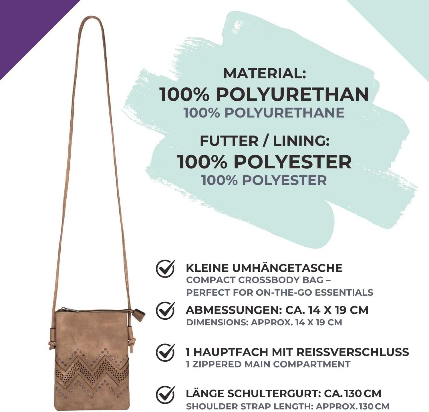 Thumbnail 6 de styleBREAKER Borsa a tracolla mini con zig zag borchie