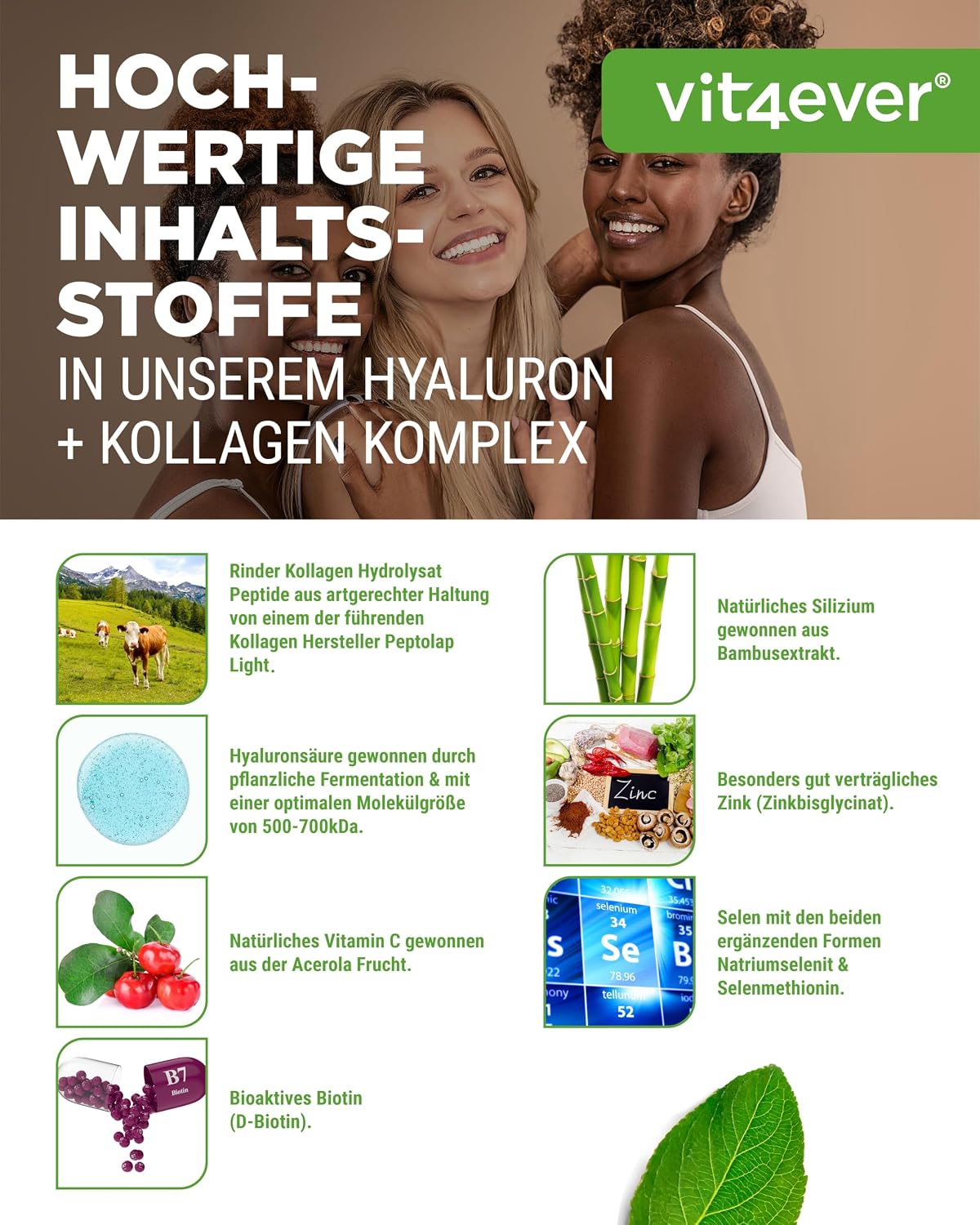 Detalle de vit4ever Hyaluronsäure Kollagen Komplex 240 Kapseln 💊