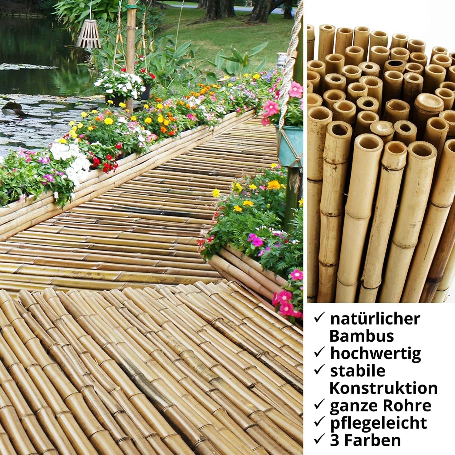 Thumbnail 5 de Floordirekt Bambus-Sichtschutzzaun 180 cm hoch × 200 cm Naturmaterial Vollrohr – Schilfmatte für Balkon, Terrasse oder Garten