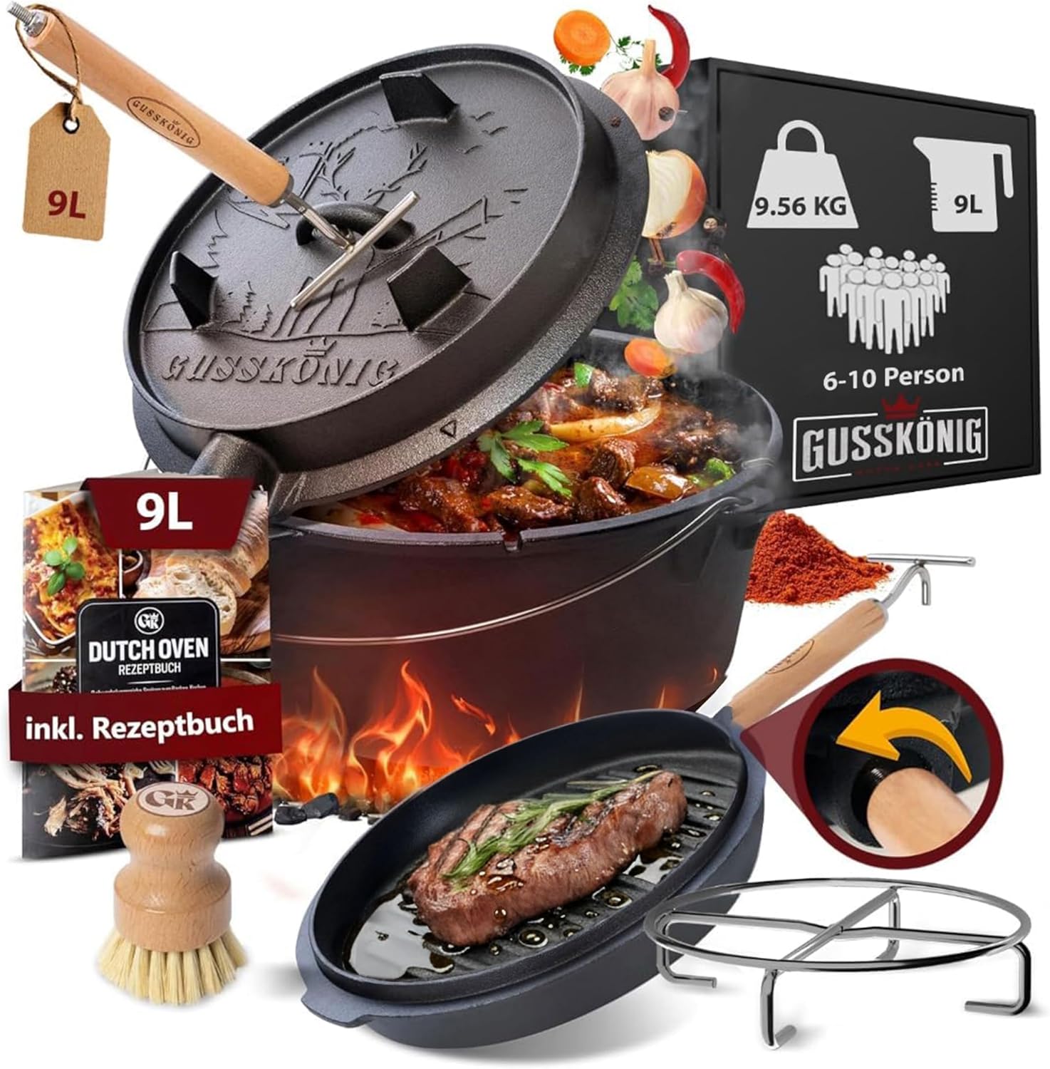 Detalle de GUSSKÖNIG Dutch Oven Set 9L 2in1 Deckelheber ⌚📷?