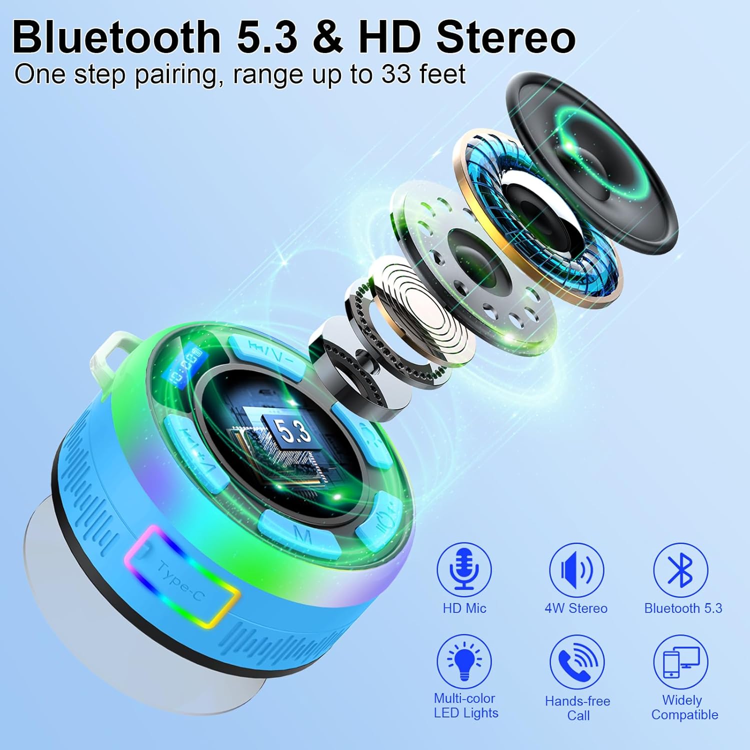 Thumbnail 1 de Bluetooth Shower Speaker with IPX7 Waterproof, Bluetooth 5.3 & HD Stereo Sound (IPX7 Suction Cup, Blue)