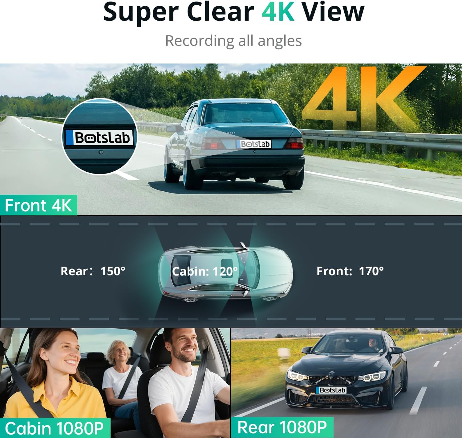 Detalle de BOTSLAB 3 Channel 4K Dash Cam: Front, Rear and Inside with 128GB Included