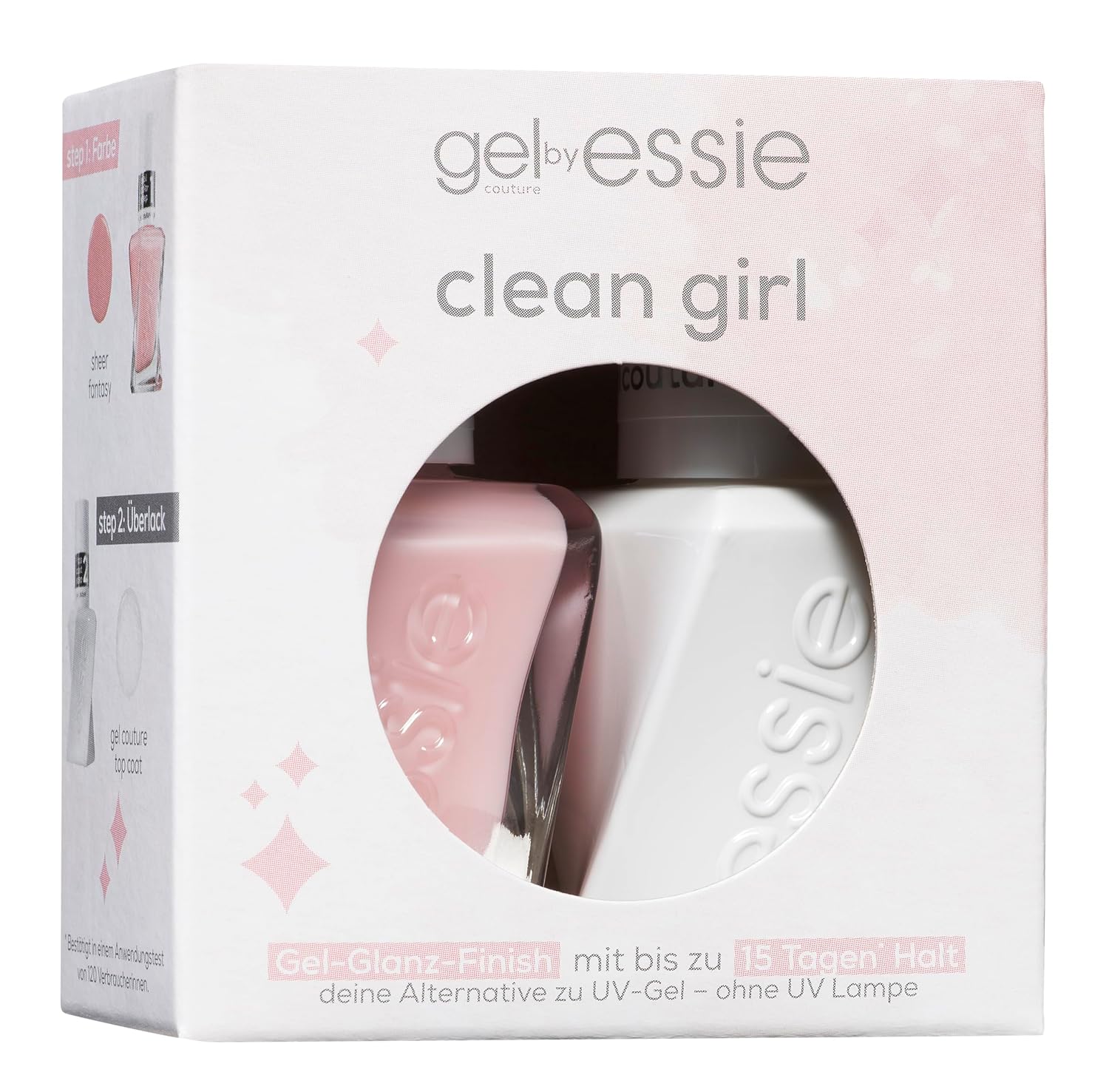 Detalle 2 de Essie Gel Couture Set Clean Girl: Nr. 00 Top Coat und Nr. 10 Sheer Fantasy – Gel-Maniküre für Zuhause