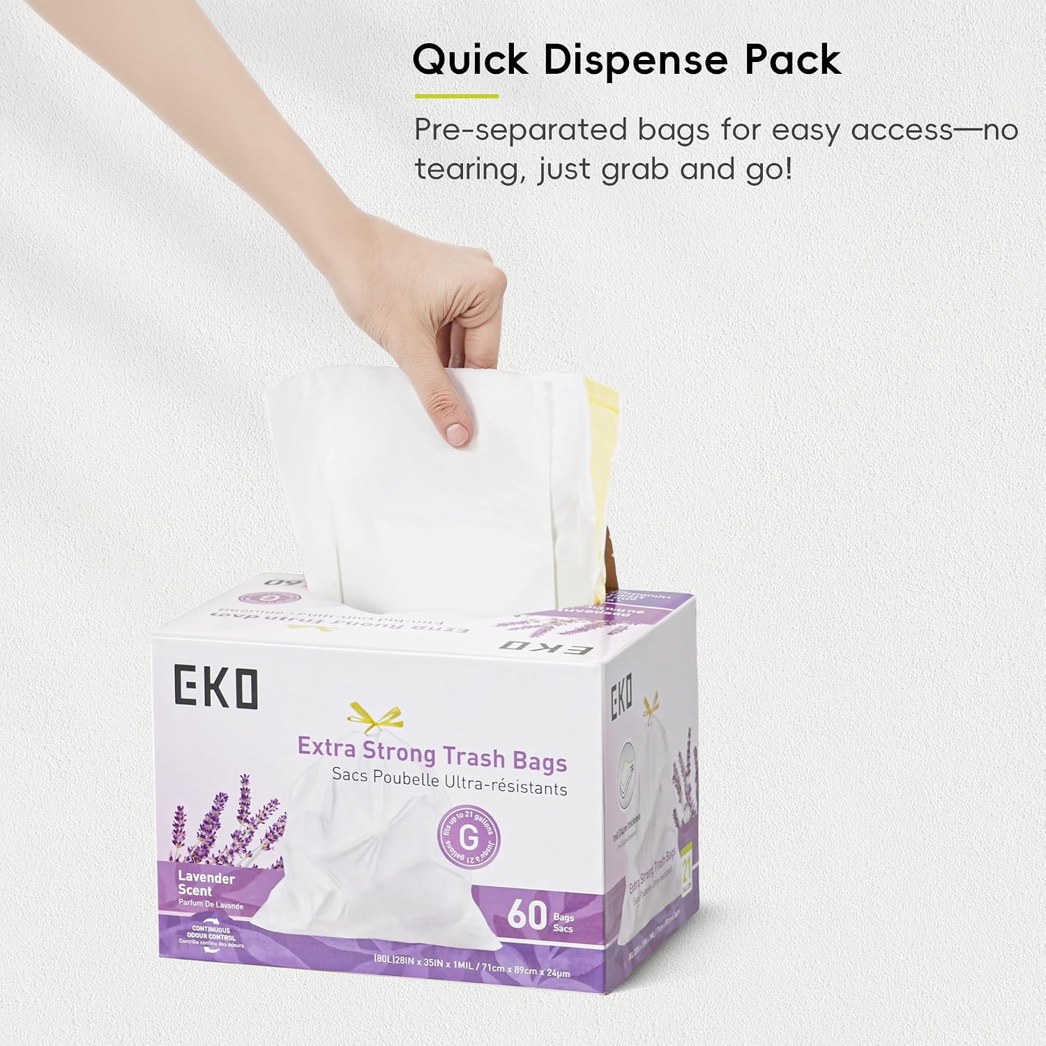 Detalle 2 de EKO EK33707B-60LAVENDER vuilniszakken met trekkoord, lavendelgeur, 60 stuks