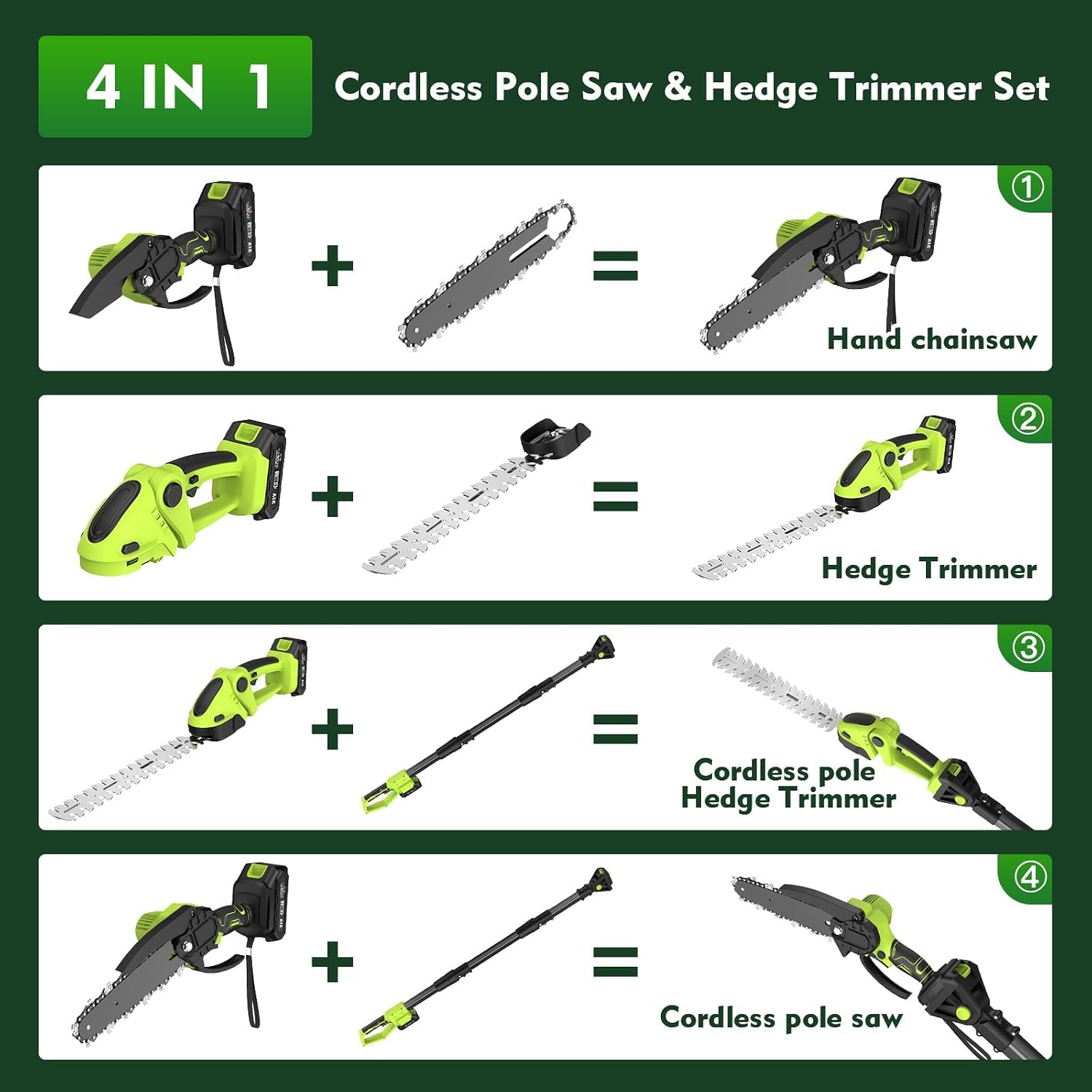 Detalle de Cordless Pole Hedge Trimmer & Chainsaw Set with 2x 4.0Ah Batteries and 7.05ft Extension Pole