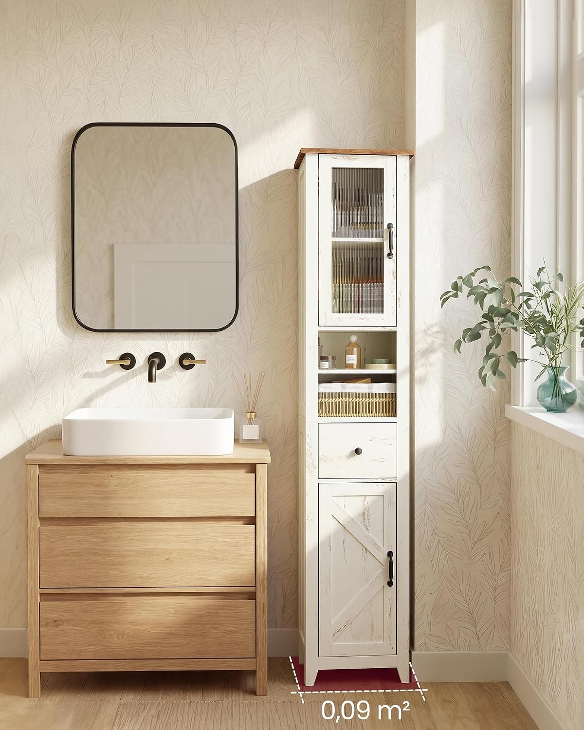 Detalle de VASAGLE LIRY BBK660W101 Tall Bathroom Cabinet, Reversible Doors, White and Honey Brown