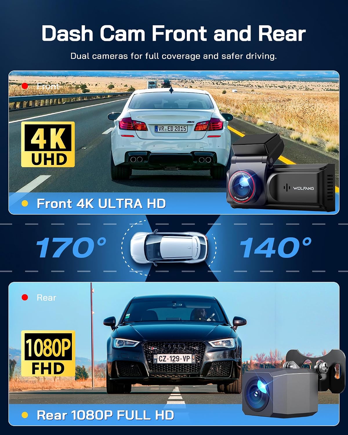 Thumbnail 2 de WOLFANG 4K Dash Cam, dual 3-inch