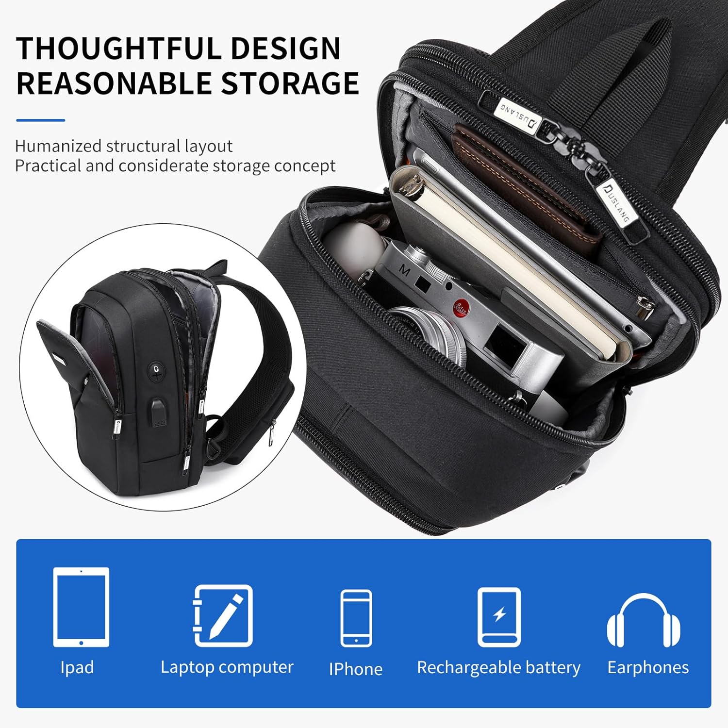 Detalle de DUSLANG Small Sling Bag: Lightweight Crossbody Backpack for Everyday Use