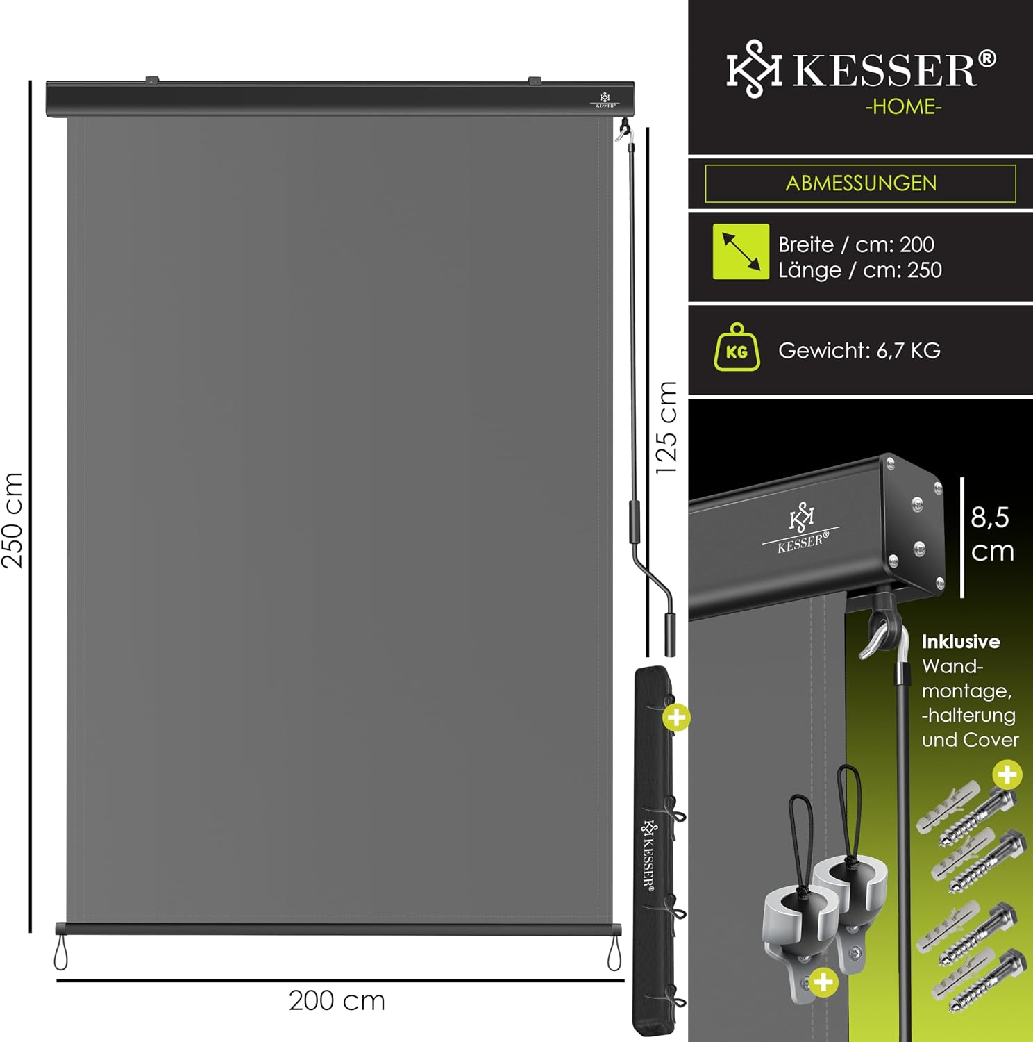 Thumbnail 6 de KESSER Senkrechtmarkise 200 x 250 cm mit Handkurbel – Außenrollo für Balkon & Terrasse inkl. Montageset