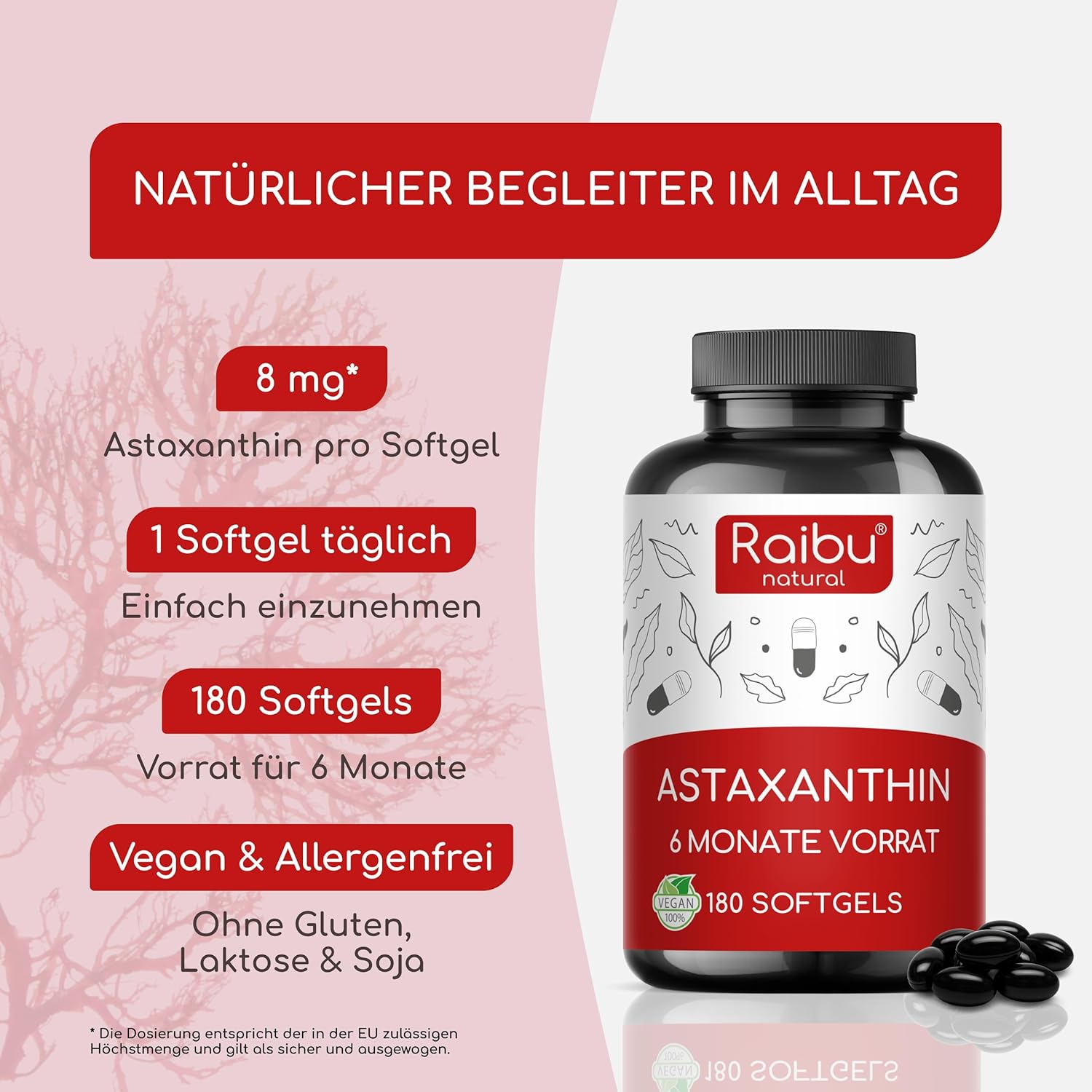 Thumbnail 2 de Astaxanthin Hochdosiert – RAIBU, 180 vegane Softgels, 8 mg pro Softgel