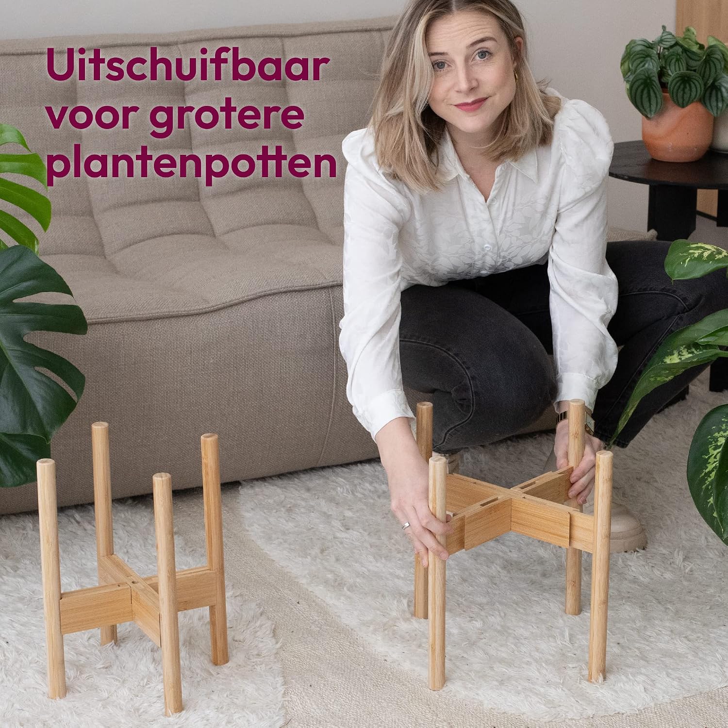 Detalle 2 de Gadgy GG0913-UK plantenstandaard, set van 2 van bamboe, verstelbaar Ø 20–30 cm