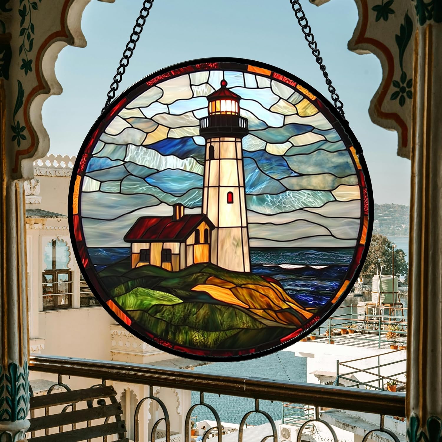 Detalle 2 de Ocean Lighthouse Stained Glass Suncatcher 7.8-inch