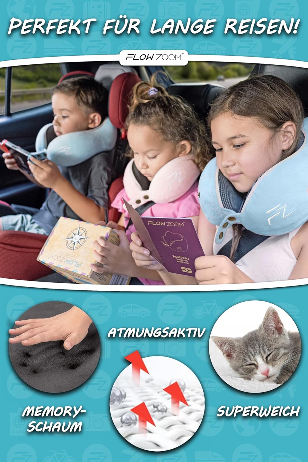 Thumbnail 4 de FLOWZOOM Nackenkissen für Kinder ab 6 Jahren (Größe M) – einstellbares Memory-Foam-Nackenhörnchen mit waschbarem Bezug