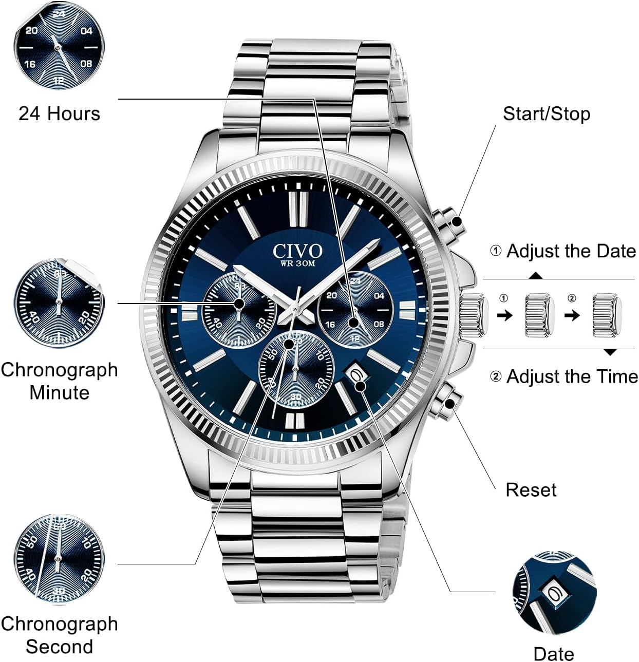 Detalle de CIVO Herrenuhr Edelstahl Chronograph mit Datum – Silbern, 41 mm, Quarz, 3 ATM Wasserdicht