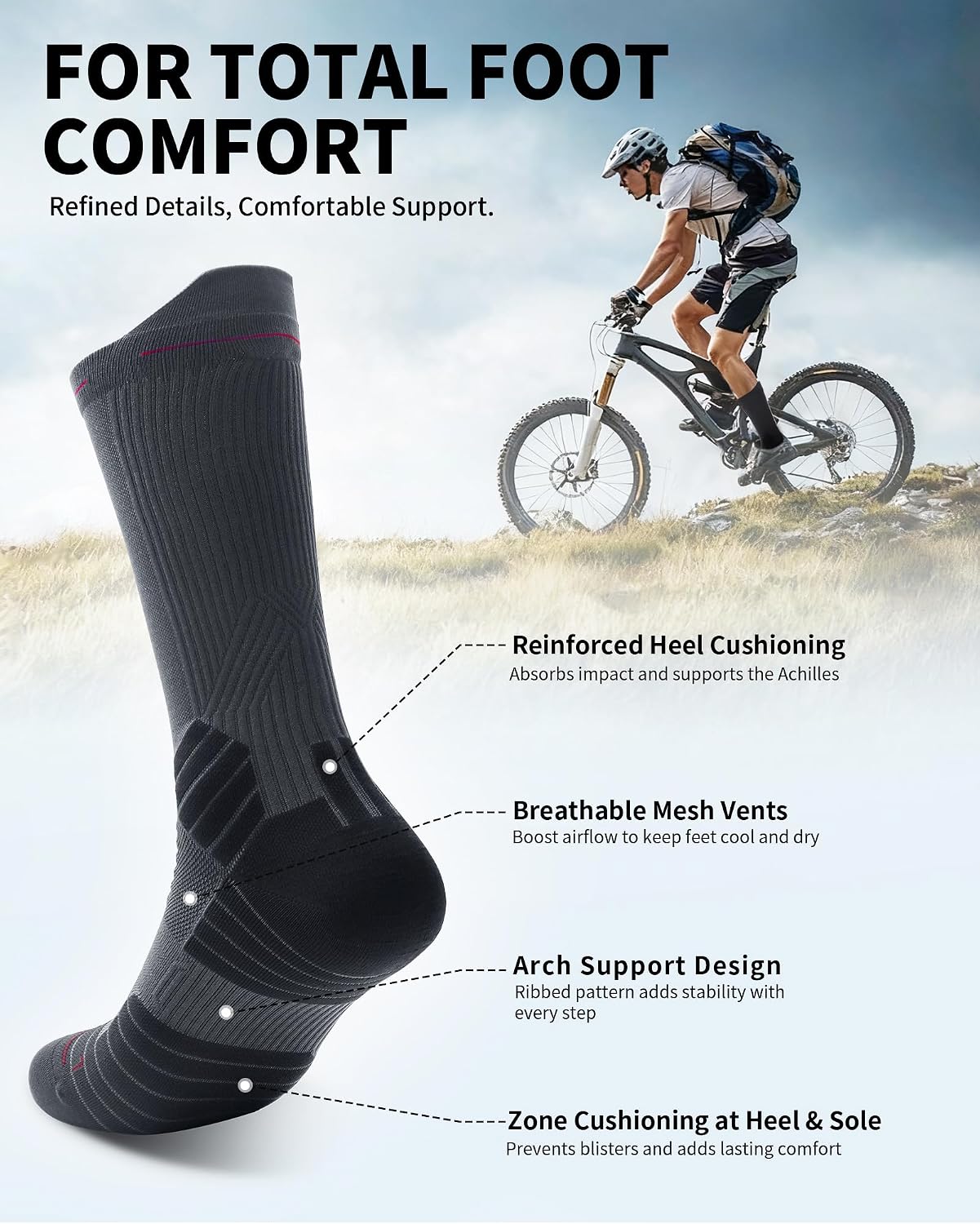 Detalle de CAMBIVO 2 Pairs Compression Running Socks for Men and Women – 10-15 mmHg, Arch Support, Moisture-Wicking Cushioned Crew Socks