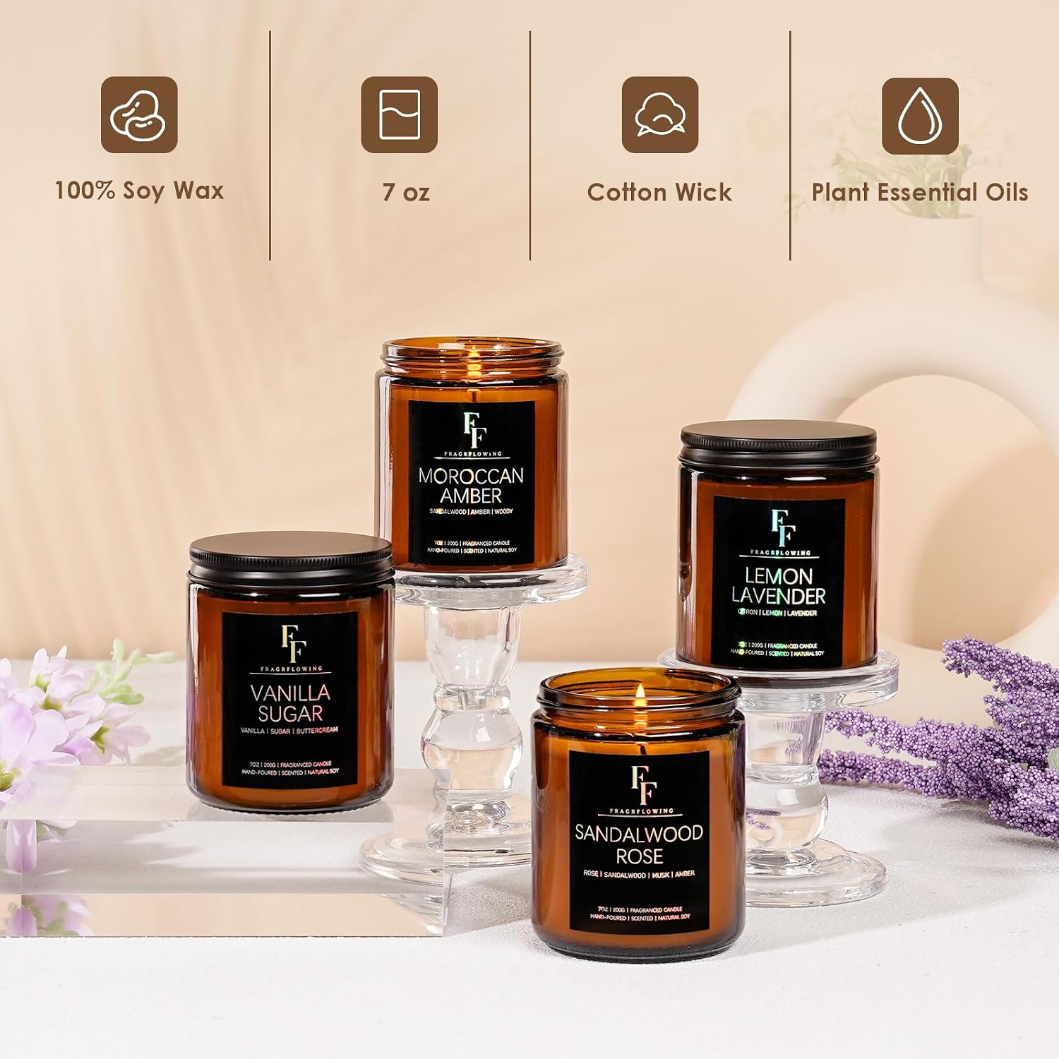 Detalle de Scented Candles for Home: 4-Pack Soy Wax Aromatherapy Candle Gift Set (Lavender/Vanilla/Sandalwood Rose/Moroccan Amber)