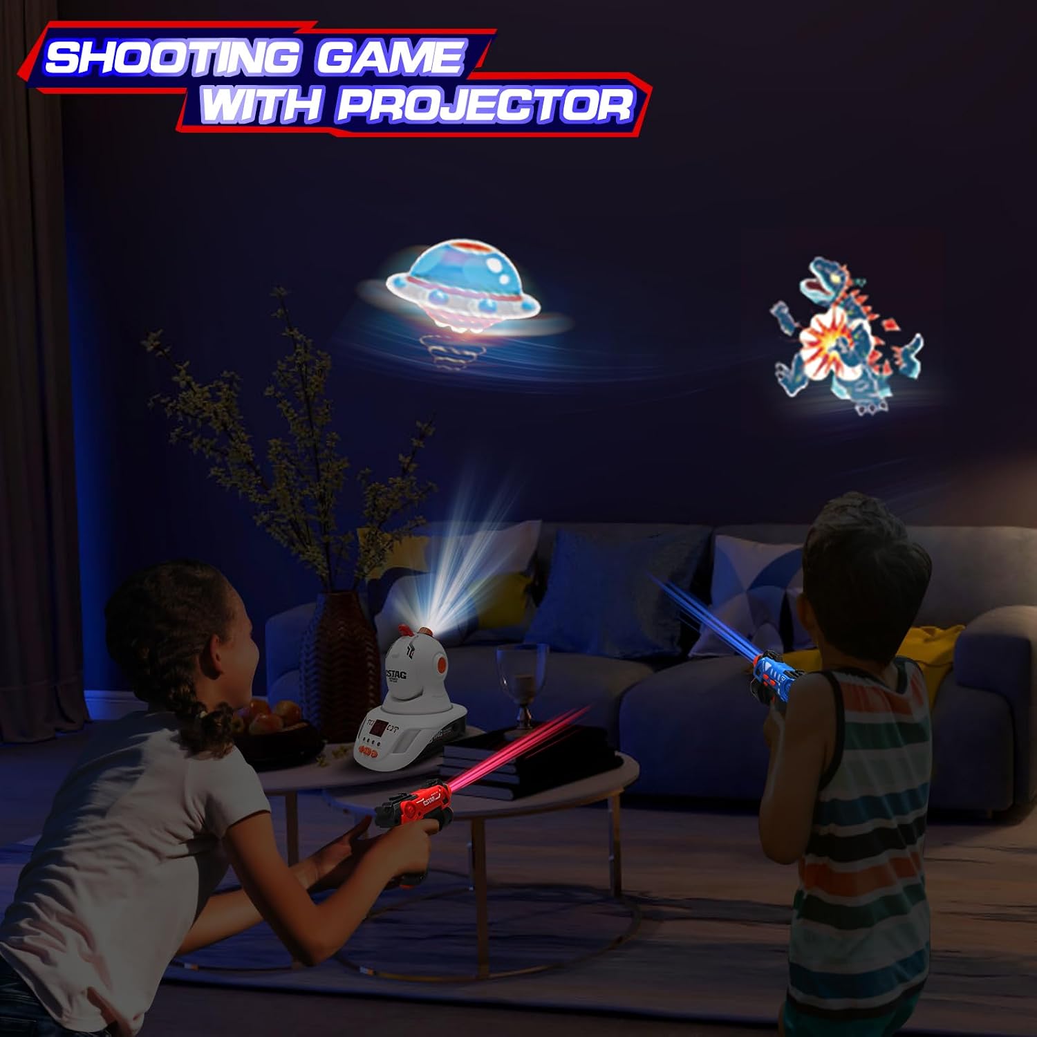 Detalle de VATOS infraroodlaserlabelset met projector voor 2 spelers, blauw kunststof