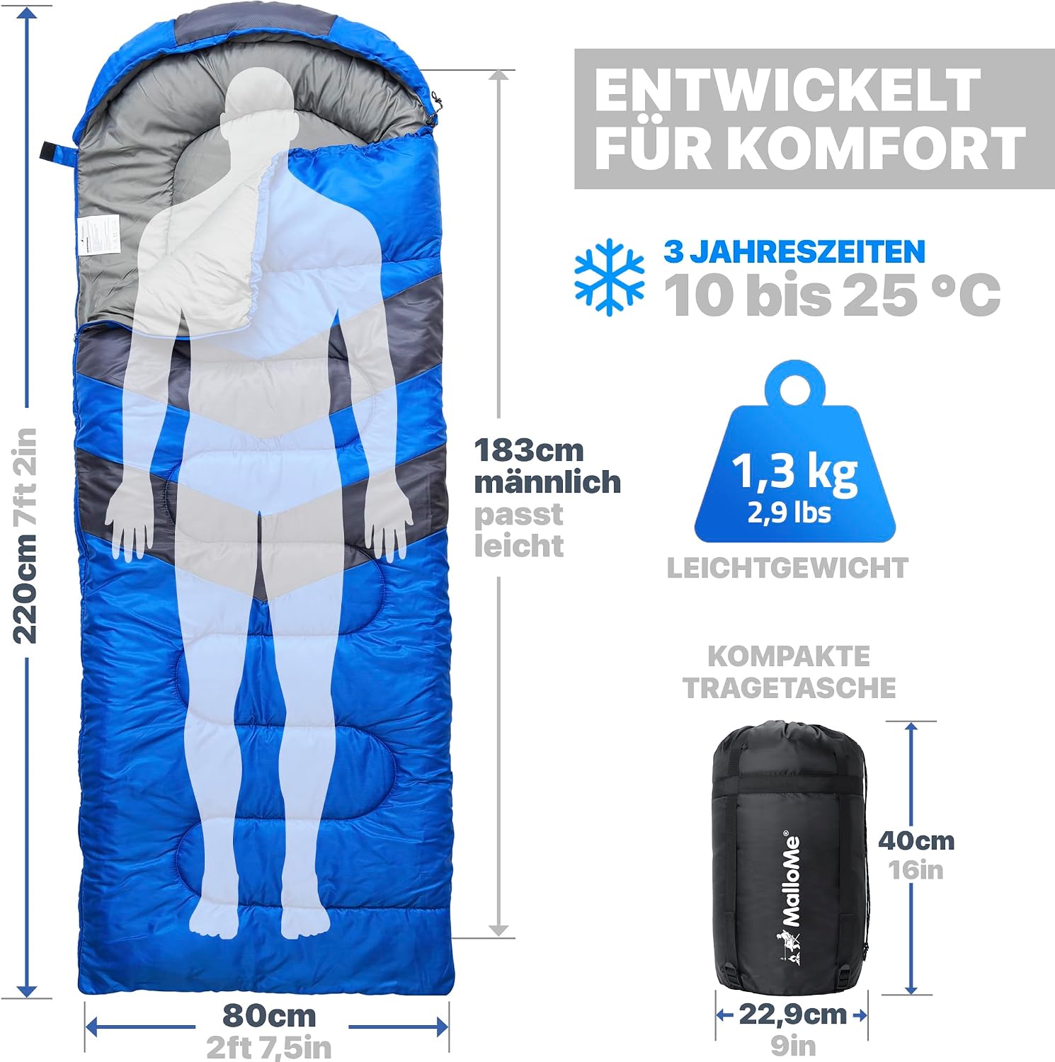 Detalle de MalloMe Outdoor Schlafsack für Erwachsene und Kinder – Winter-Camping-Deckenschlafsack mit Kompressionssack