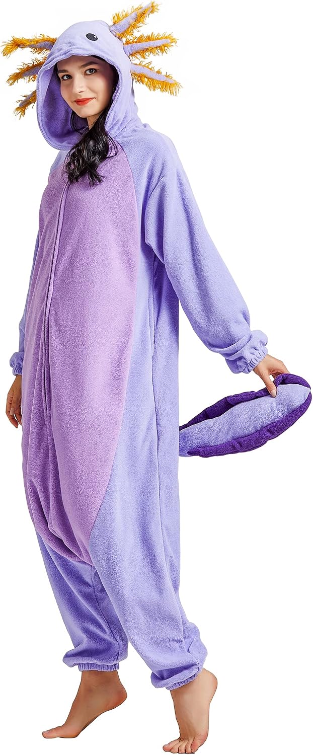Detalle 1 de DELEY Adult Axolotl Onesie Costume with Plush Fabric and Side Pockets
