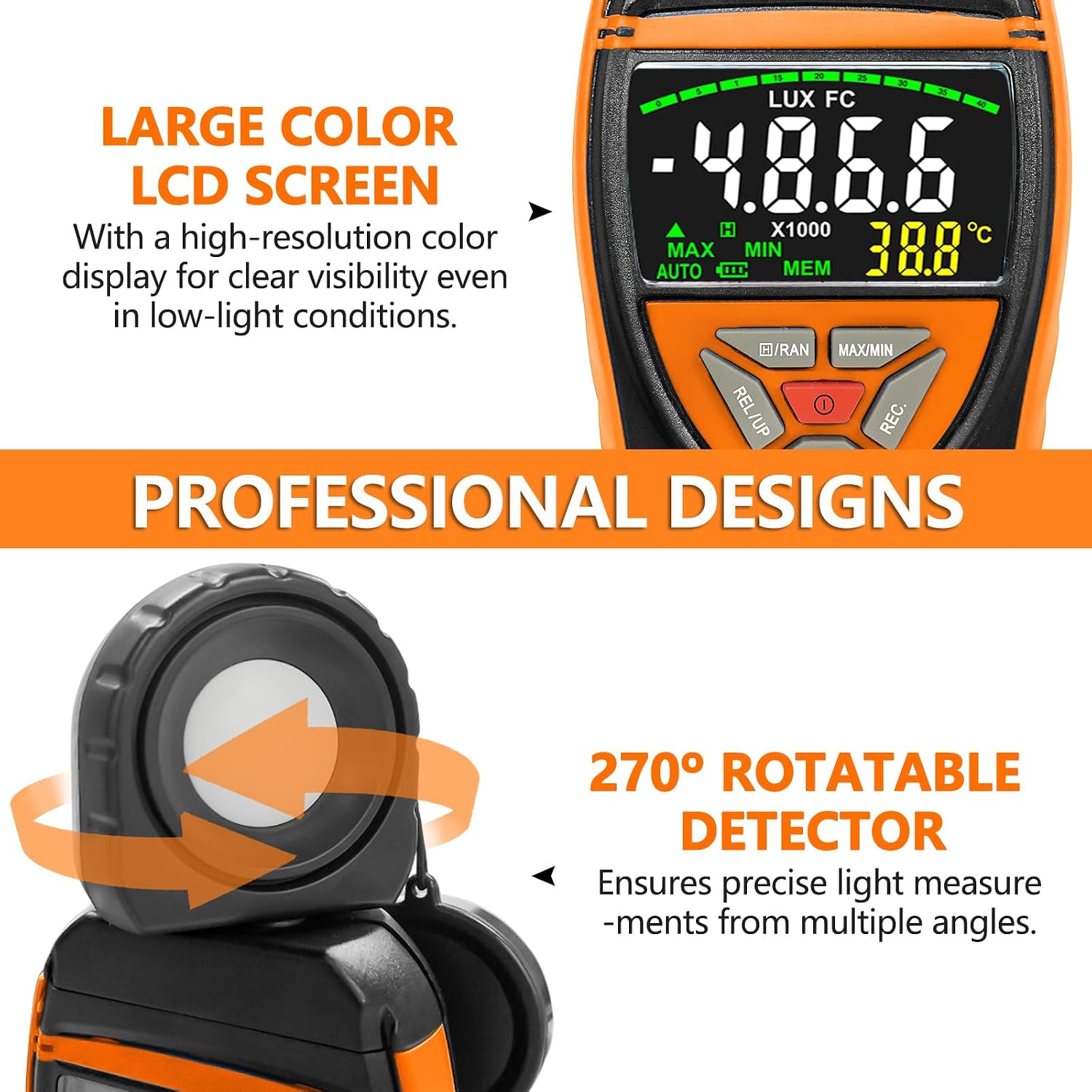 Thumbnail 2 de H HoldPeak Handheld Digital Light Meter (0.1–400,000 Lux) with 270° Rotating Sensor