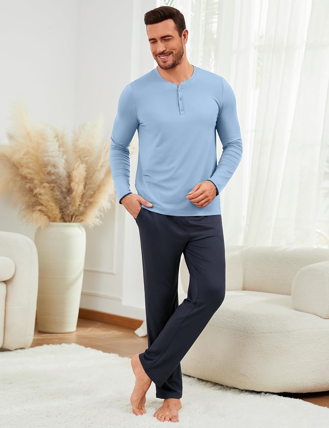 Detalle de Uniexcosm Pyjama Homme Hiver en Coton — Ensemble 2 pièces à boutons