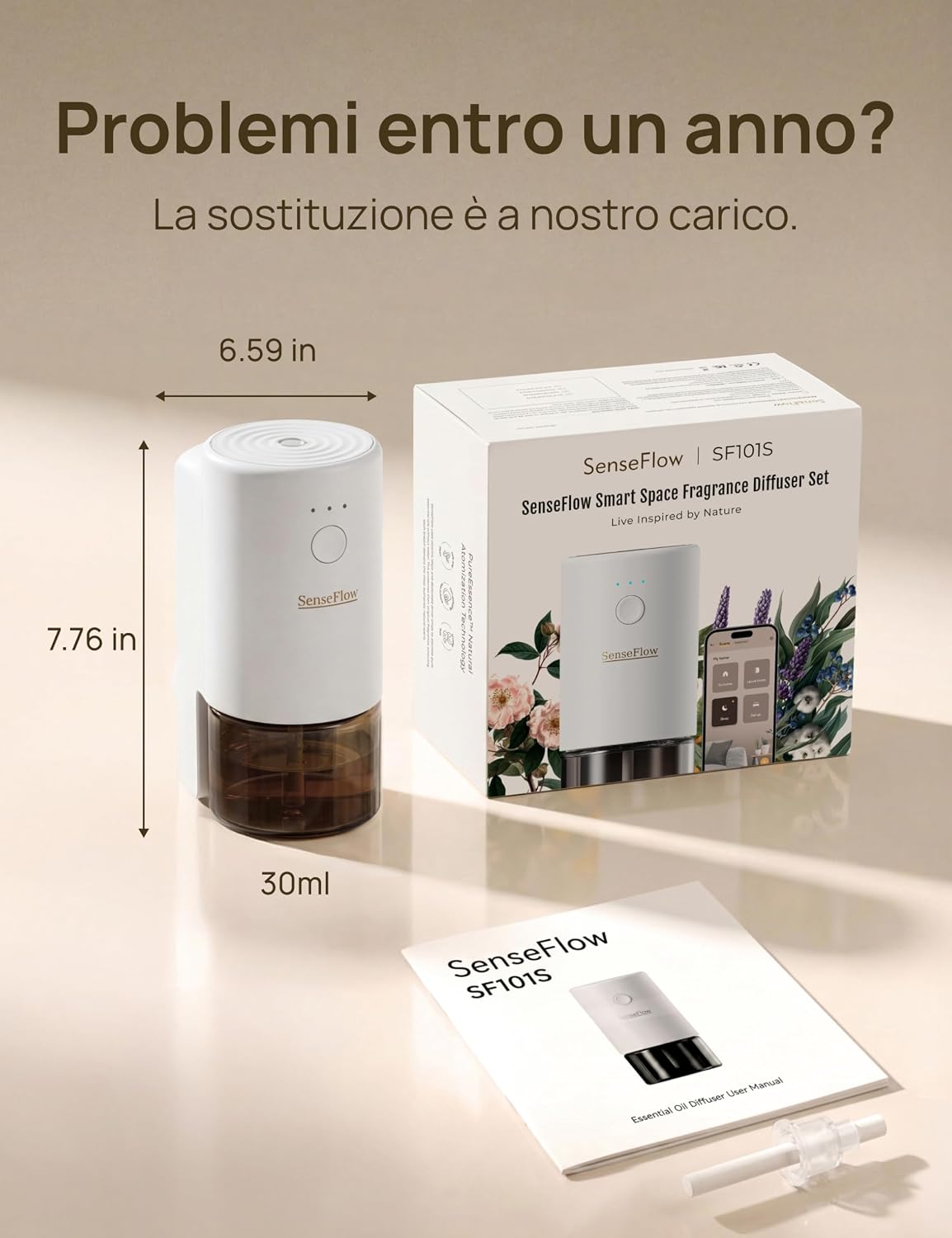 Detalle de SenseFlow Diffusore di Oli Essenziali Wi-Fi SF101S – Profuma la casa con PureMist, 93 m², aghi di pino