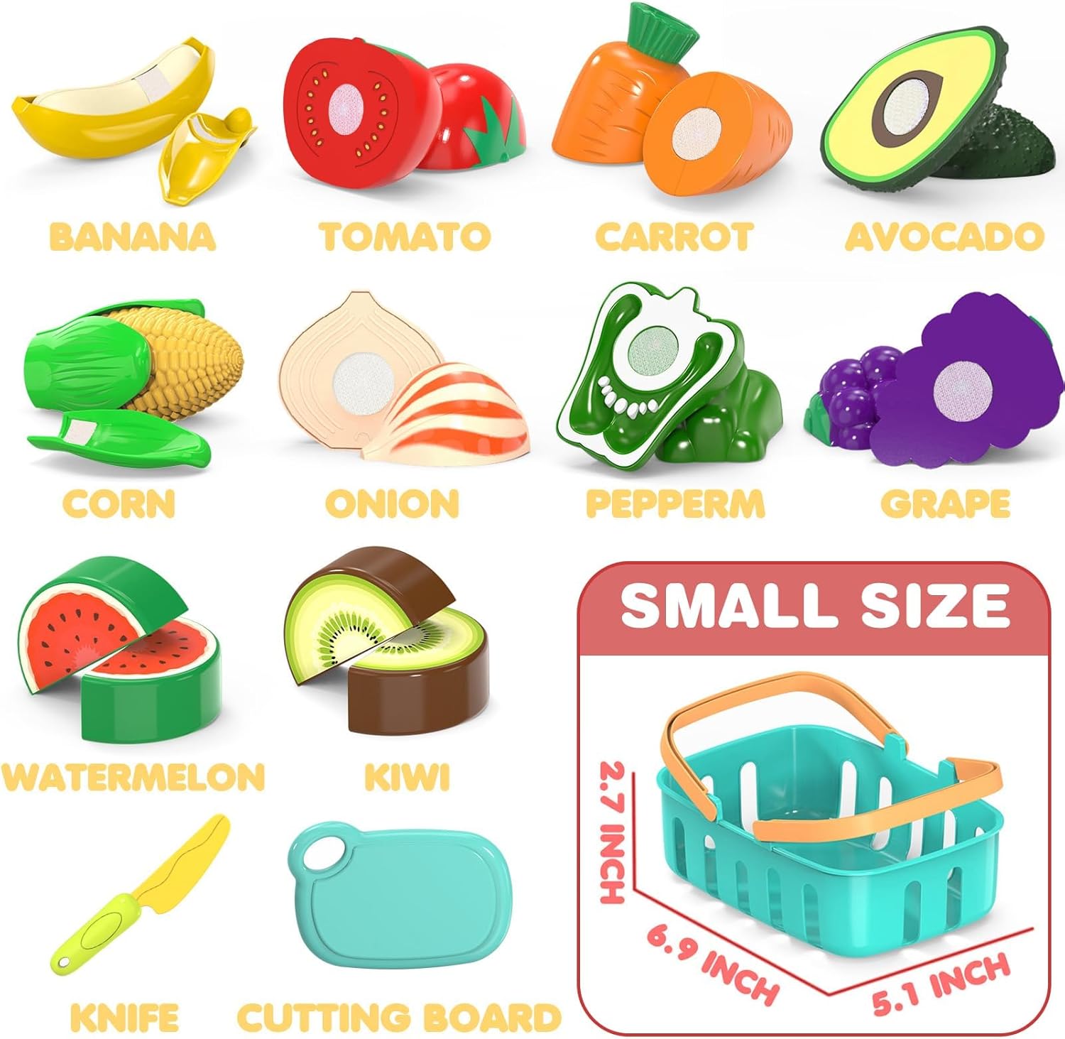 Detalle de Cutting Play Food Toys for Kids — 28-Piece Pretend Kitchen Set with Basket, Board, and Plastic Knife