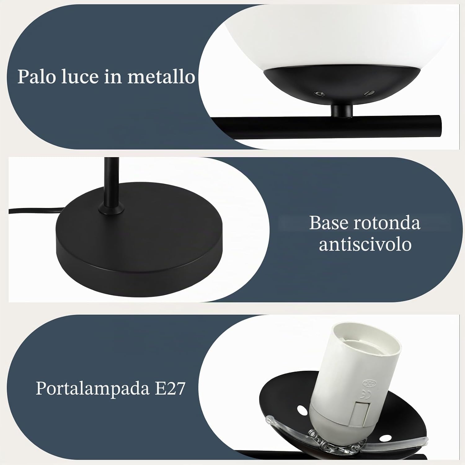 Detalle de ZMH Lampada da terra industriale nera con paralume in vetro bianco e interruttore a pedale