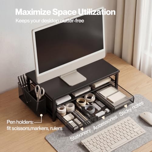 Detalle de Levede Black Metal Monitor Riser with Three-Section Drawer and Pen Holders