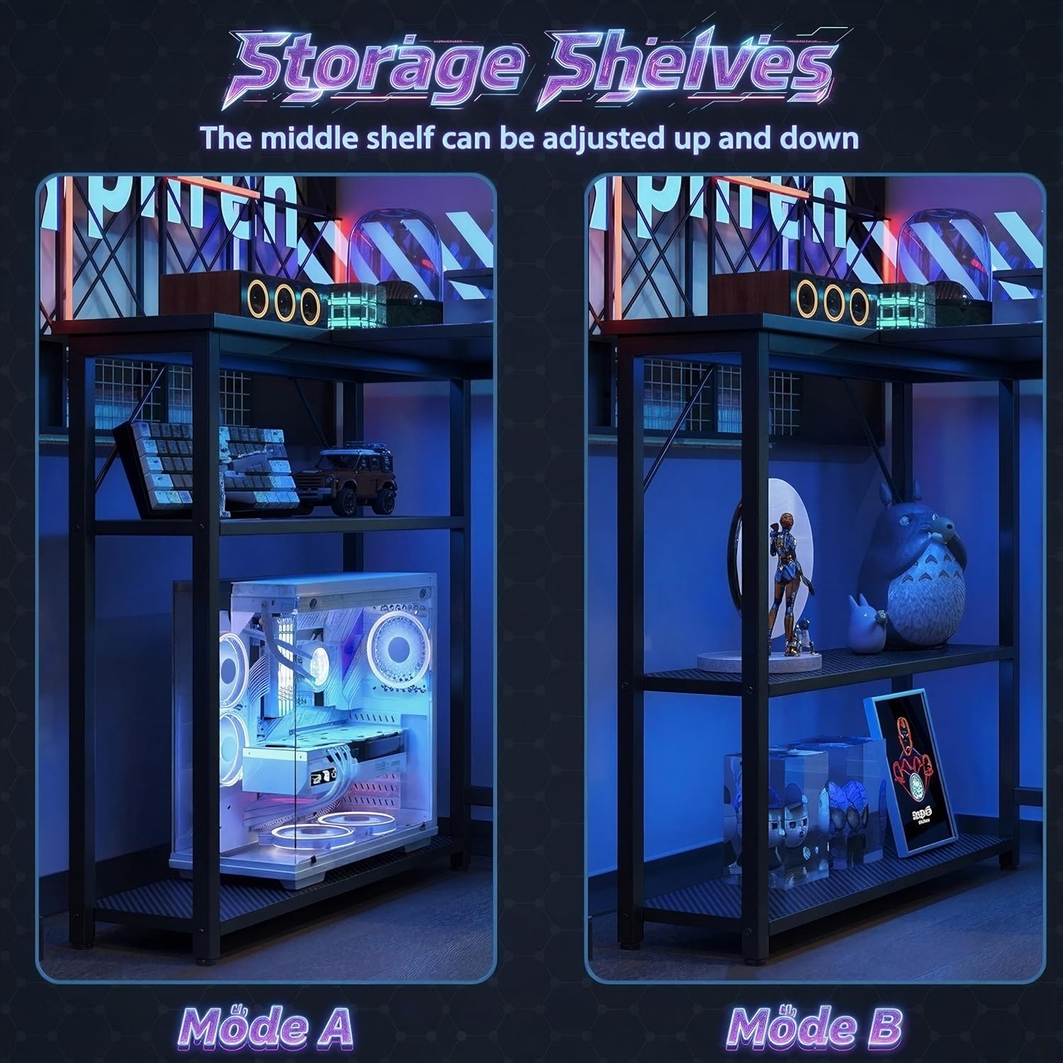 Thumbnail 6 de Xyphren L Shaped Gaming Desk with RGB LED Lights, Power Outlets & Adjustable Shelves (Carbon Black)