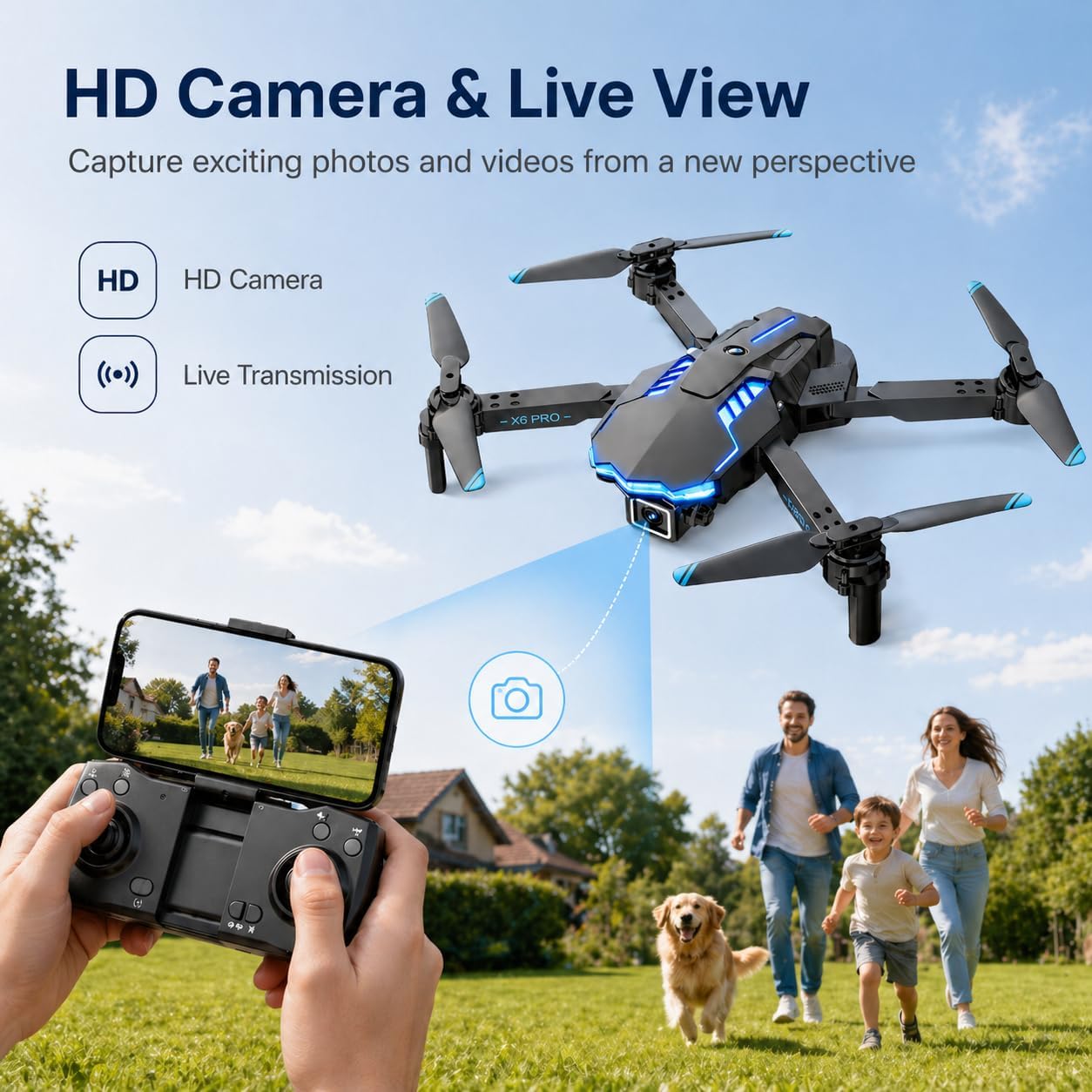 Detalle de Drone con Telecamera 1080P pieghevole per bambini e adulti – Bluetooth App, 2 Batterie, motore brushless, 120° FOV