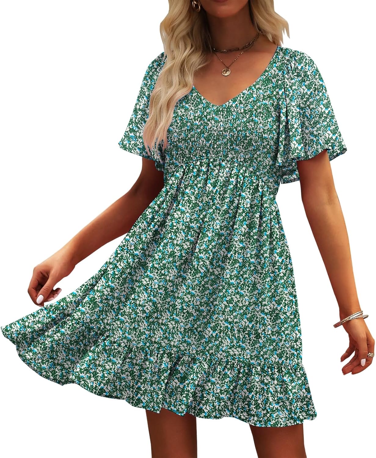 Detalle de UEAL Floral Smocked V-Neck Sundress with Pockets