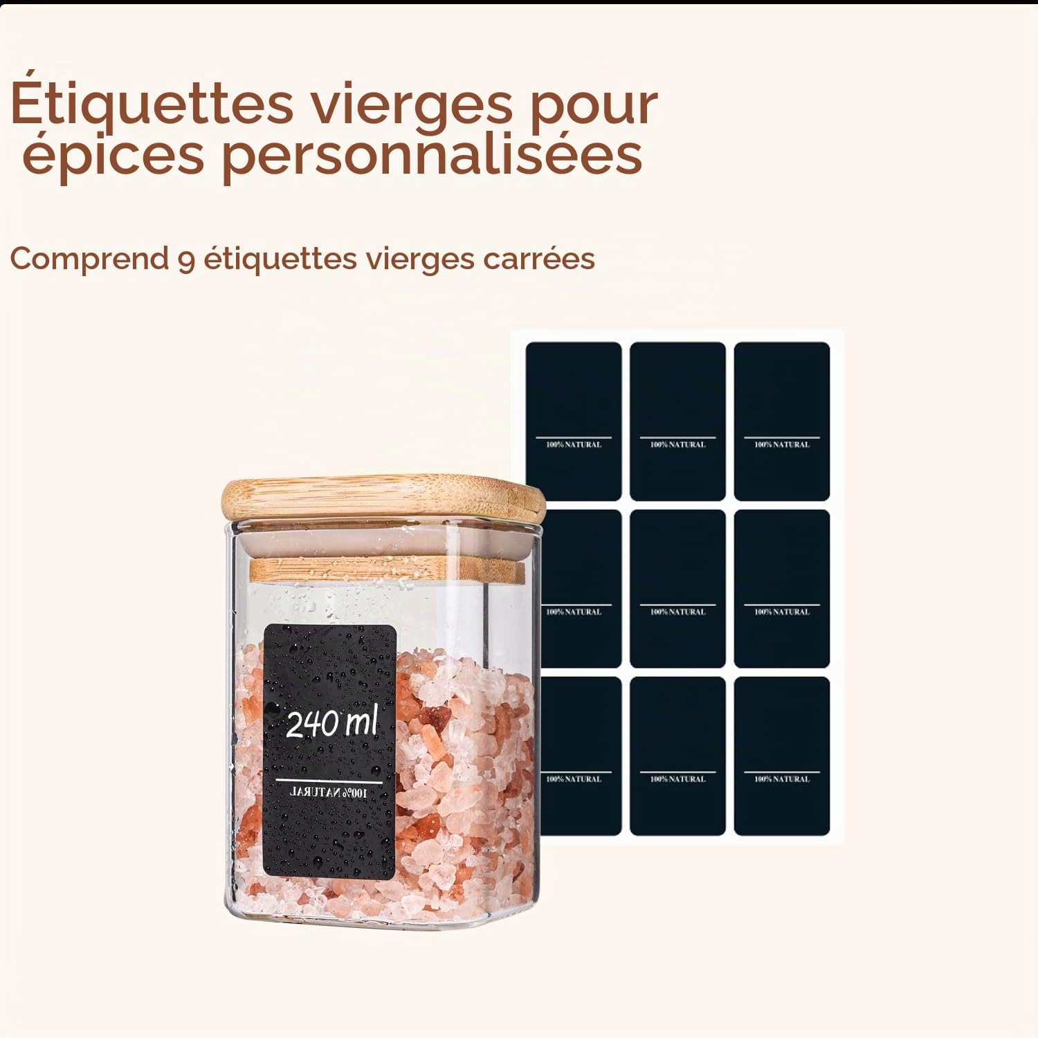 Detalle 1 de ComSaf Square/8oz/6pcs kruidenpotjes van glas, 240 ml, met bamboedeksels