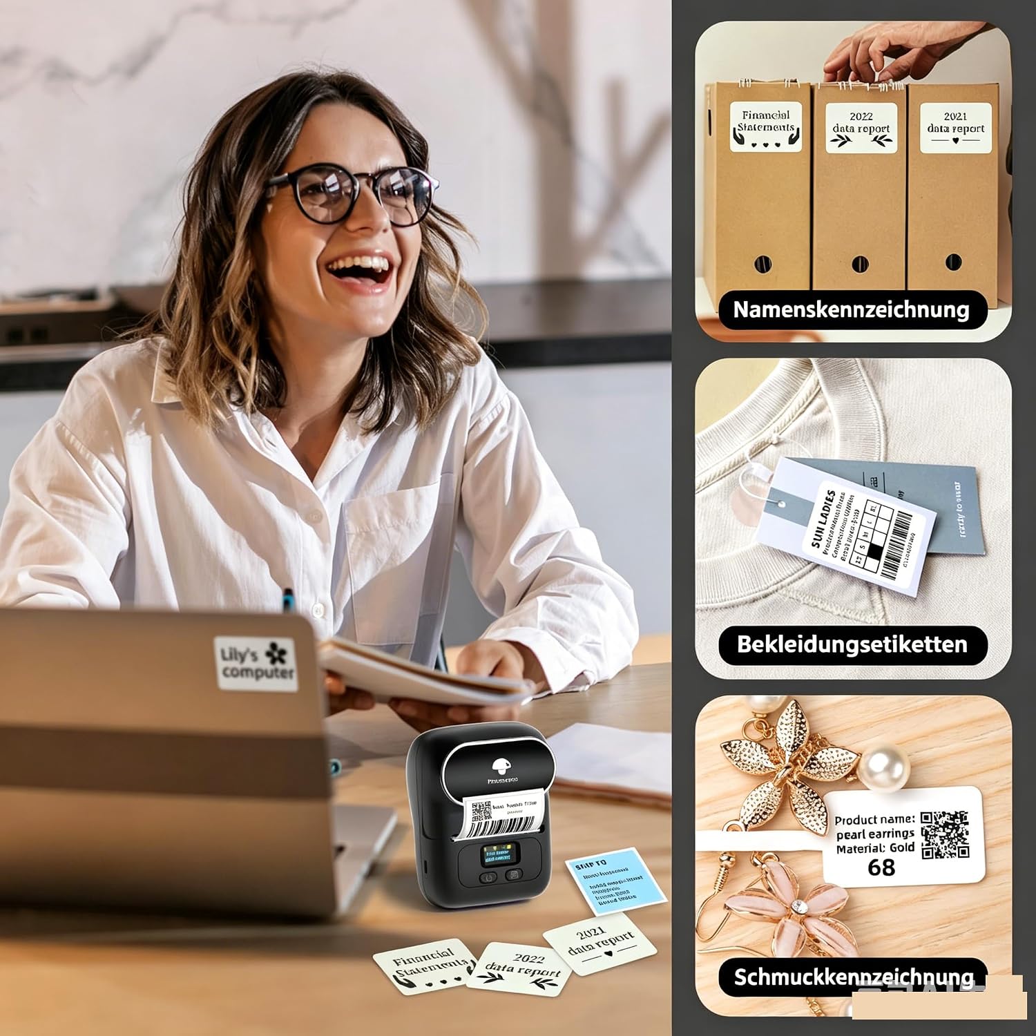 Detalle de Phomemo M110 Bluetooth-Etikettendrucker (Thermo) – tragbarer Label Printer für Barcode & Aufkleber, schwarz