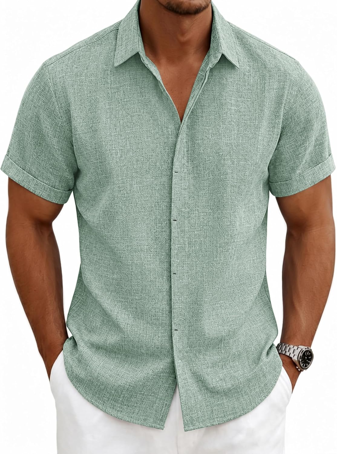 Thumbnail 6 de Men's Linen-Blend Short-Sleeve Button-Down Shirt with Hidden Placket