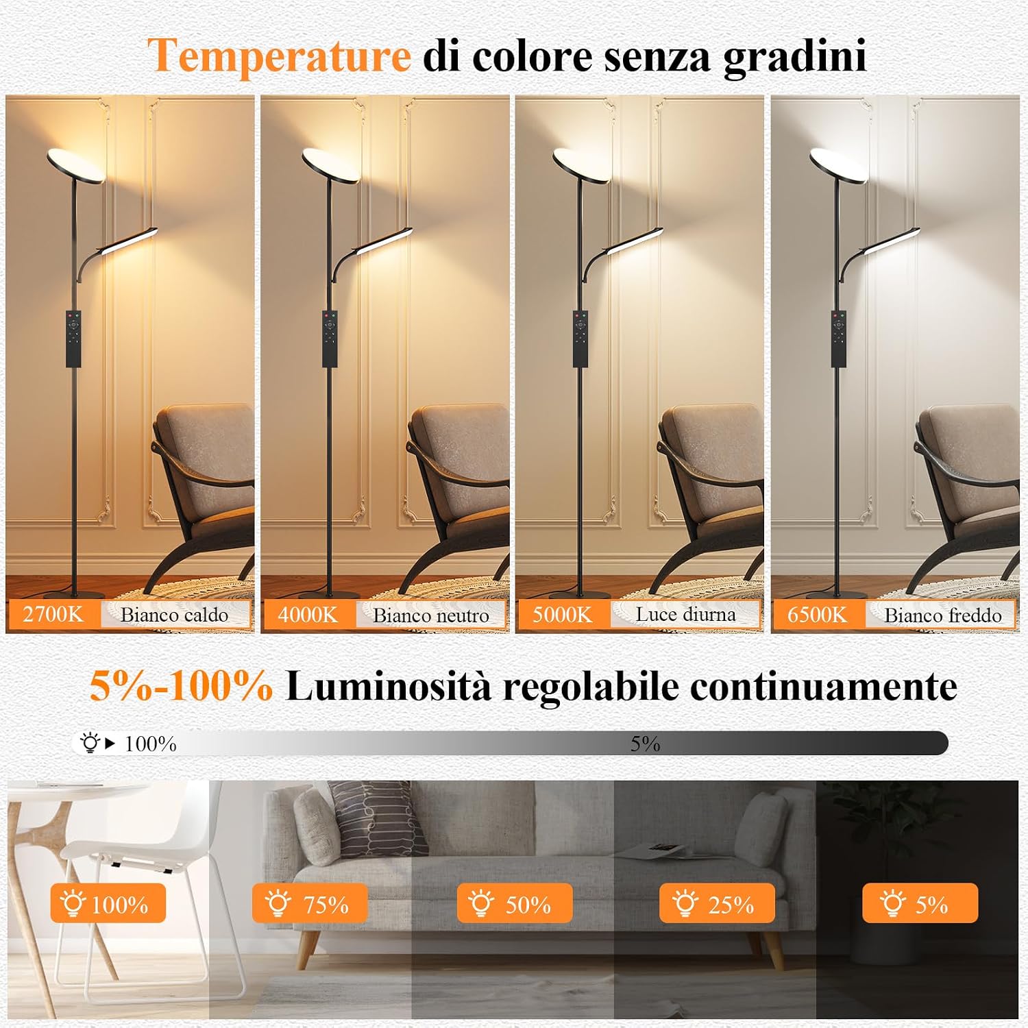 Detalle de Piantana lampada da terra 42W con Luce di Lettura Flessibile e LED Dimmerabile – 4 Temperature di Colore