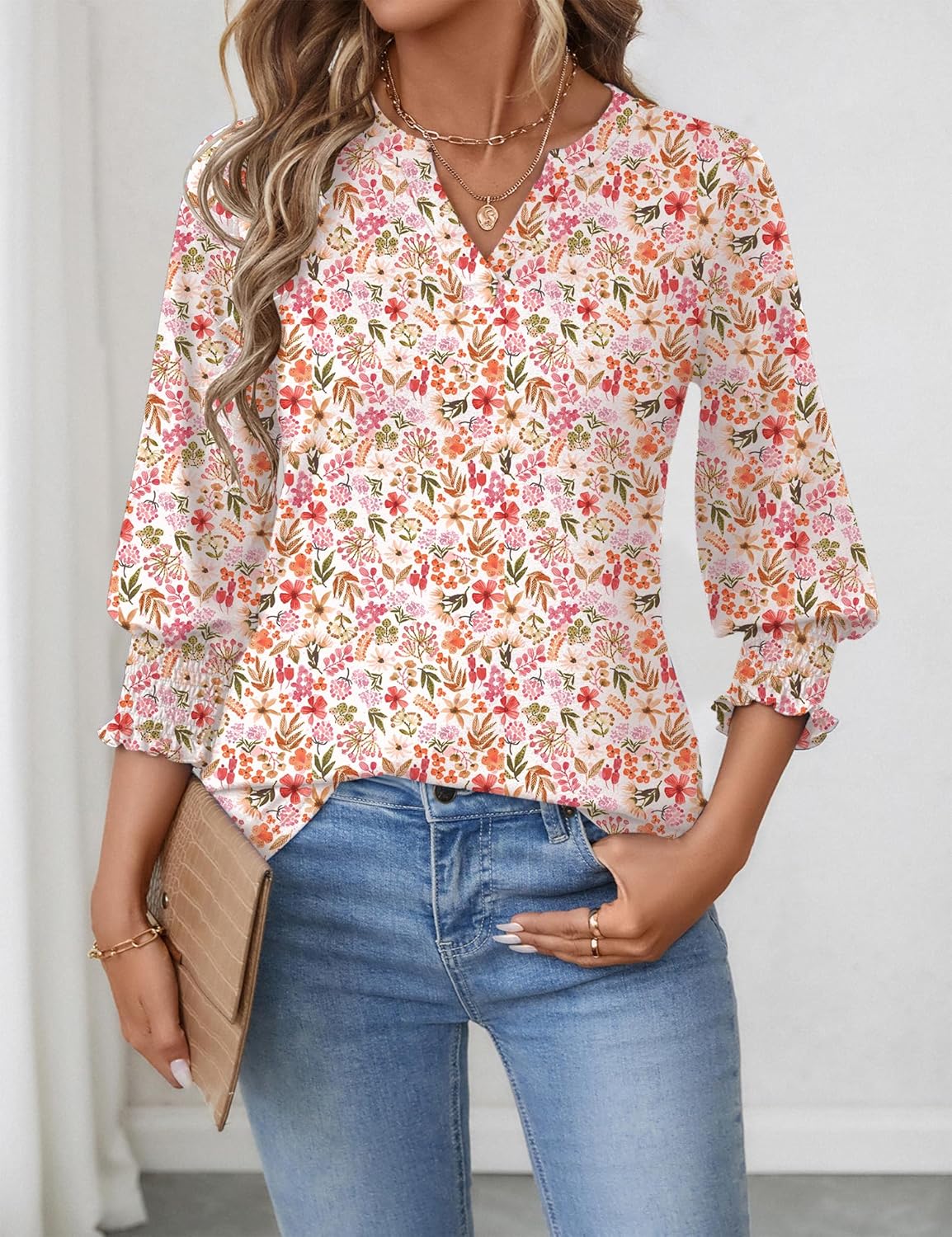 Detalle de Rapbin Damen Bluse 3/4 Arm V-Ausschnitt Tunika – Sommer Tops, Lockeres Shirt, Elegant & Lässig (2026)