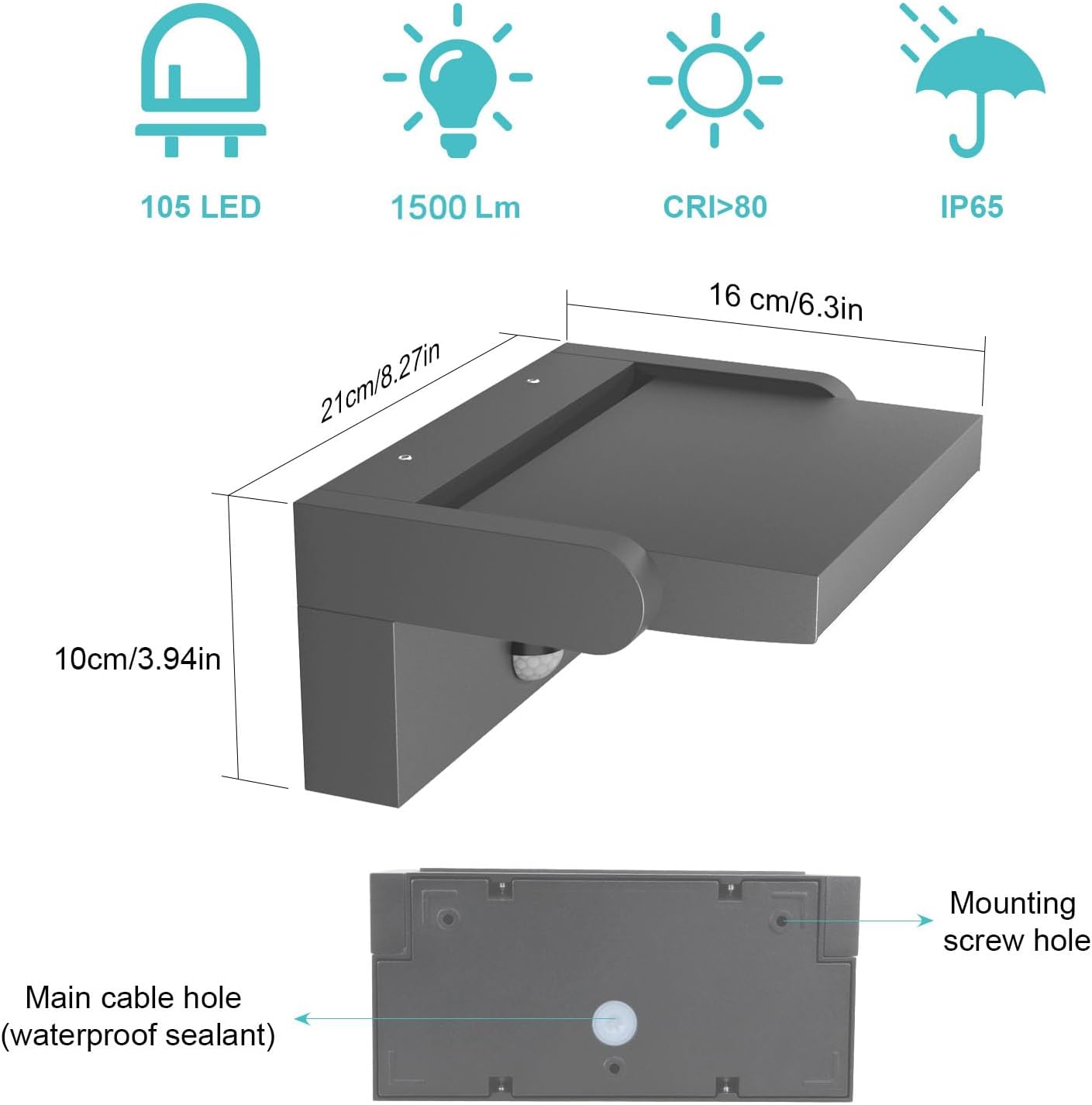 Thumbnail 6 de Klighten 24W Applique LED Extérieur/Intérieur avec Détecteur de Mouvement – Pivotante IP65
