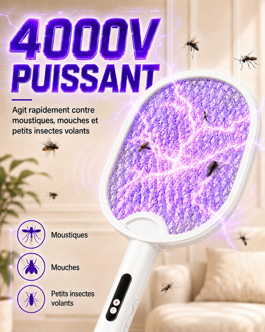 Detalle de WOCVRYY Raquette Moustique Électrique – 4000V, 1800mAh, 3 Modes, Rétractable 180°