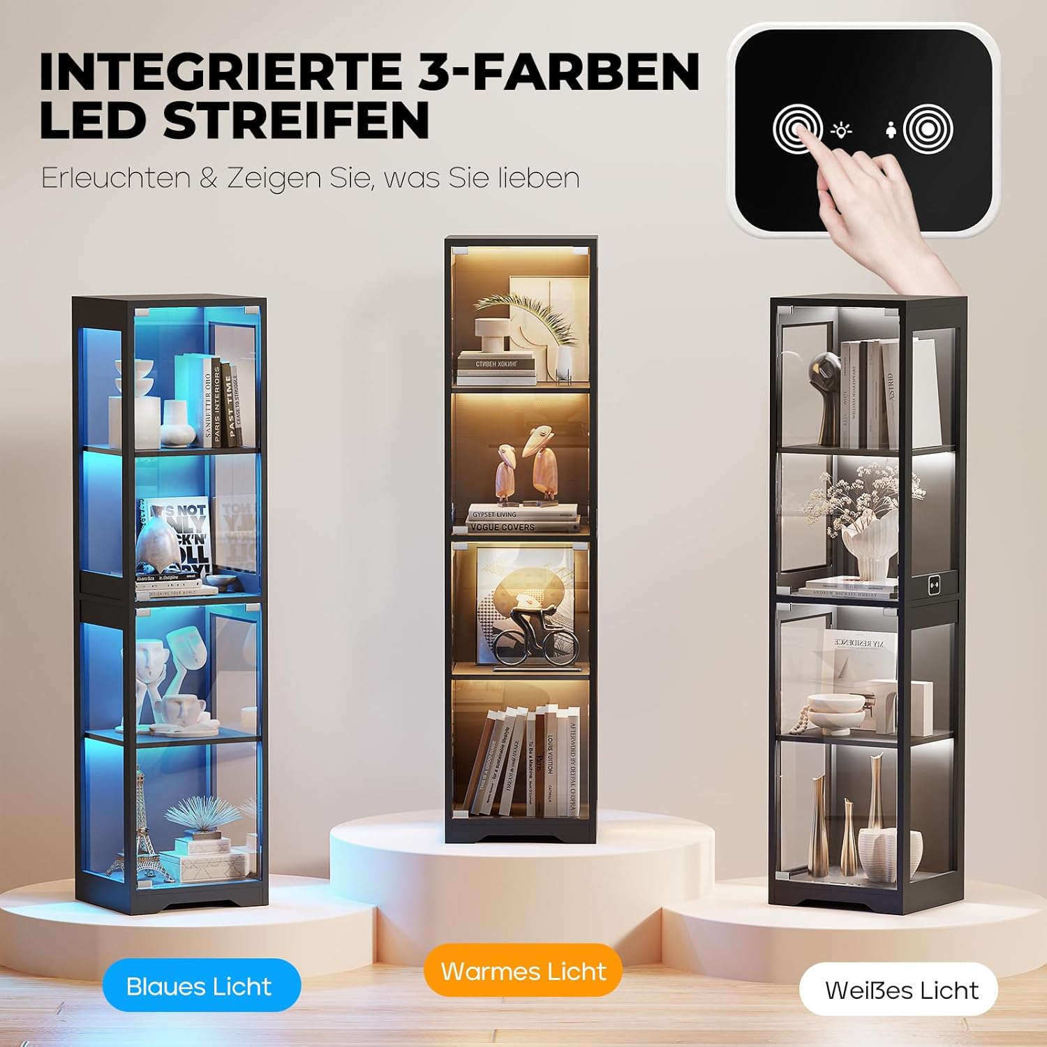 Thumbnail 2 de BROTTAR Glasvitrine mit dreifarbiger LED-Beleuchtung, Glastüren und Körpersensor-System (40 x 35 x 160 cm) – Schwarz