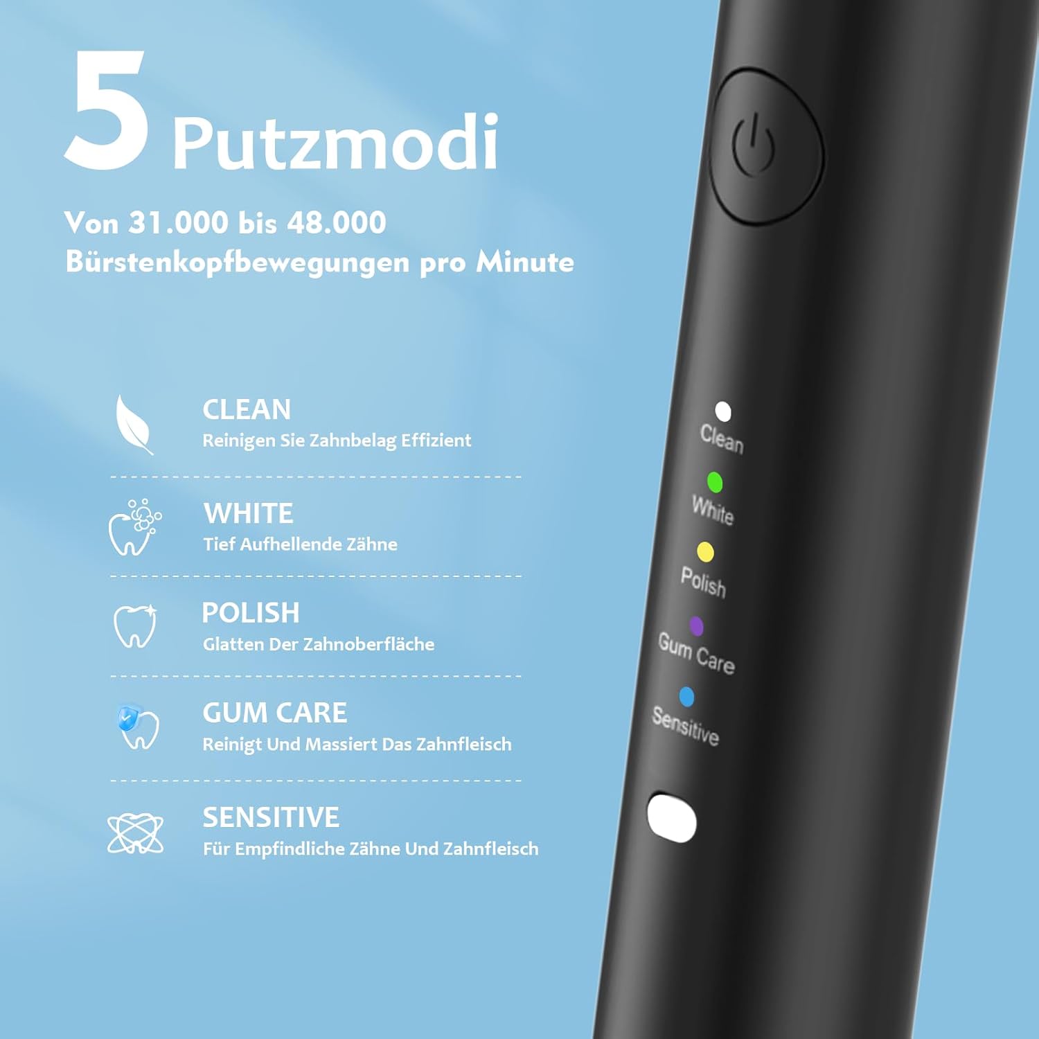 Thumbnail 2 de Lächen Elektrische Schallzahnbürste mit 5 Reinigungsmodi, Reise-Etui & USB-Ladung (IPX7, Schwarz)