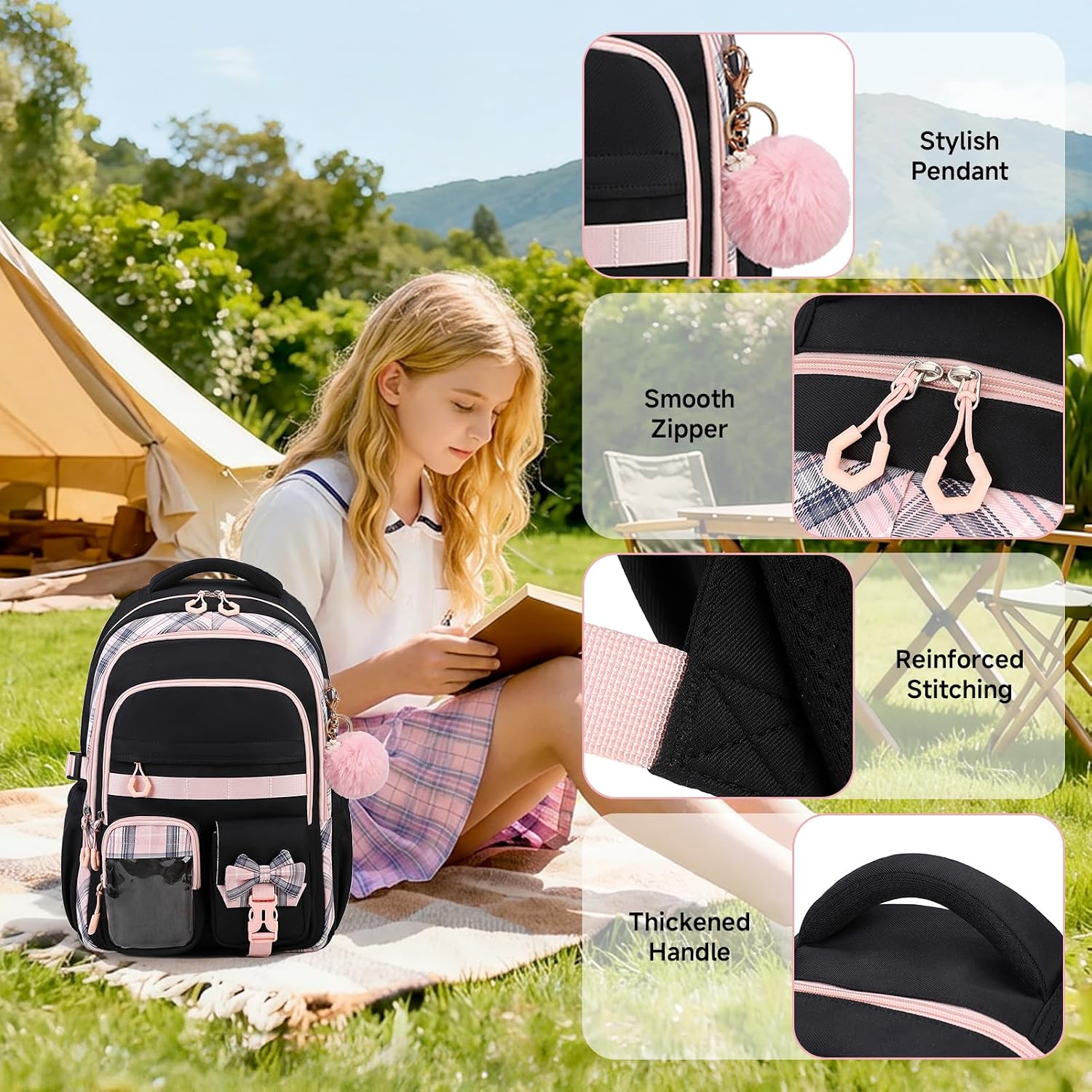 Thumbnail 6 de Amythe Sac à Dos Fille – Cartable léger et ergonomique 22 L, noir rose (8–14 ans)