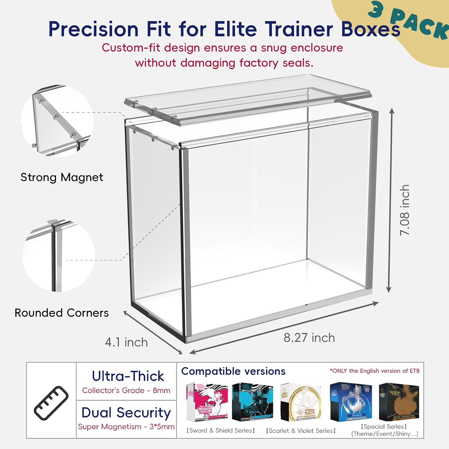 Detalle de ETB Protector Case 3 Pack: Premium 8mm Acrylic Display Boxes with Sliding Magnetic Lid