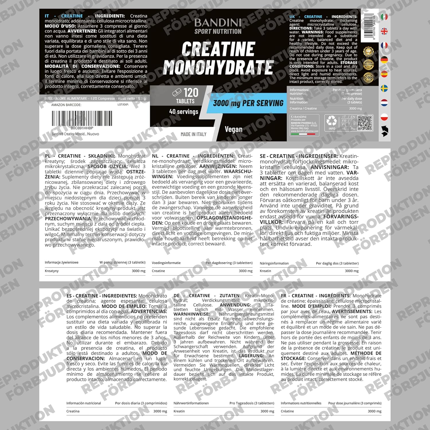 Detalle de BANDINI Creatine Monohydrate – kreatintabletter, 3 000 mg per dos, veganska